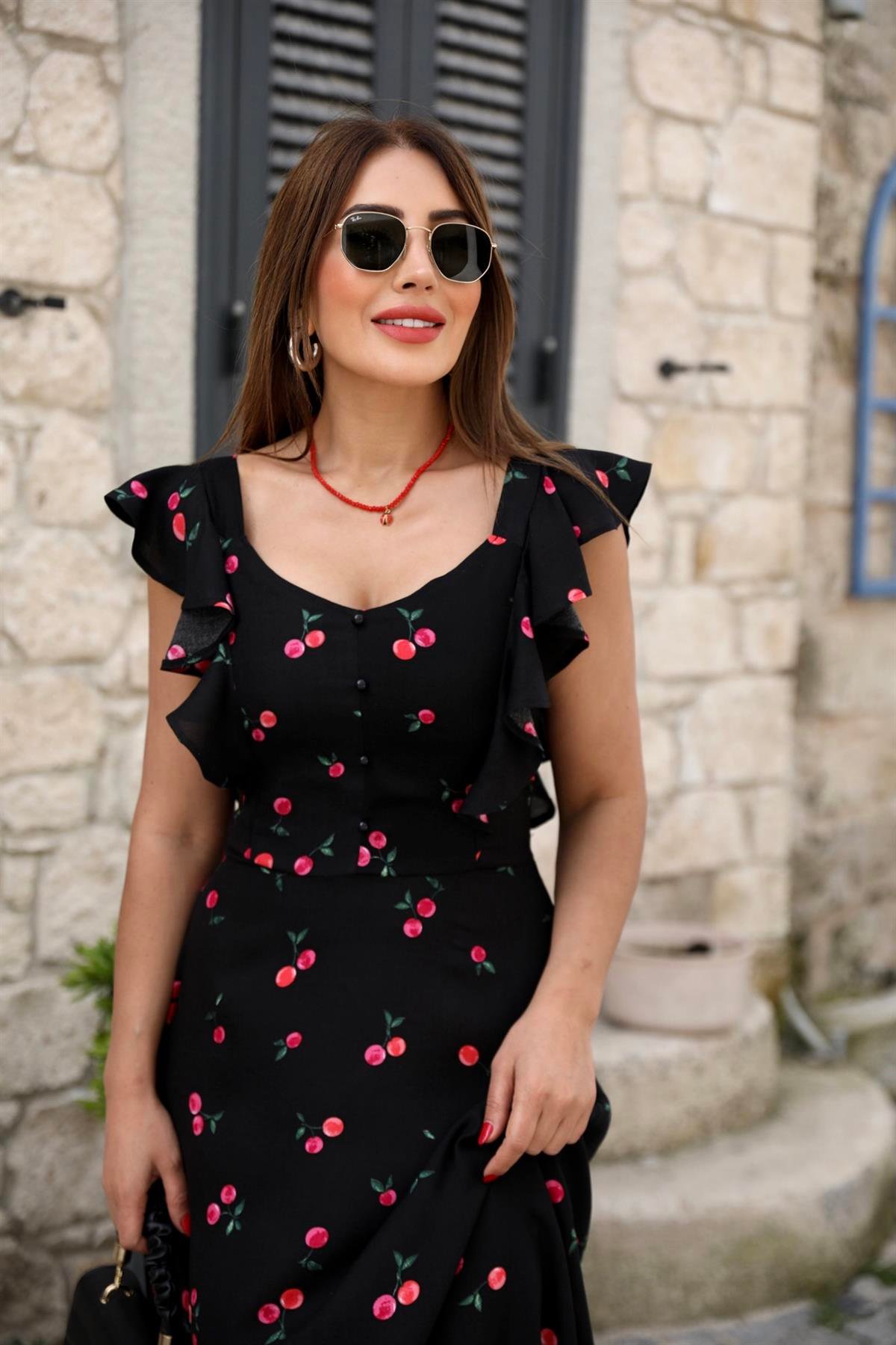 Kiraz Desenli Kolları Volanlı Elbise