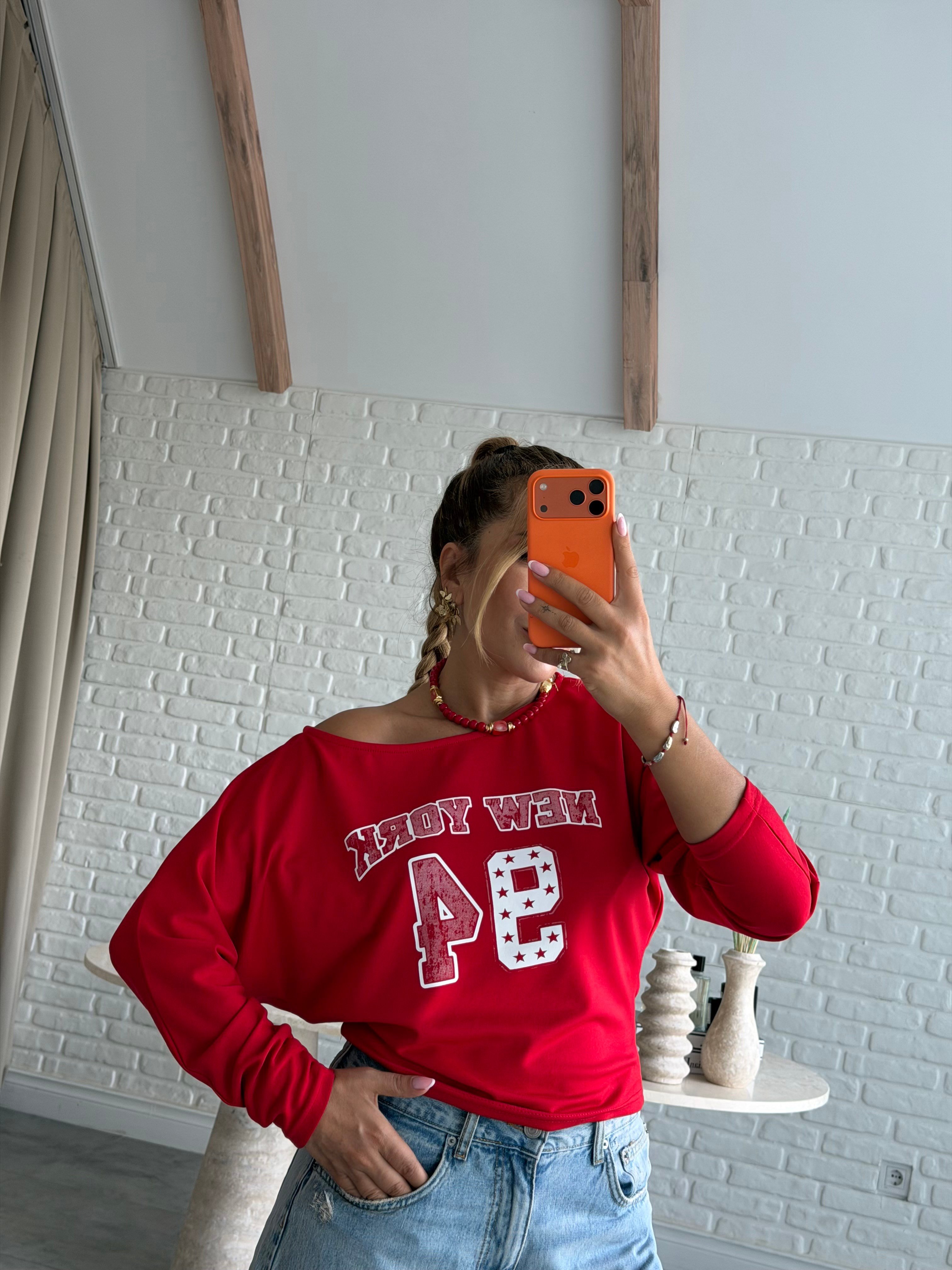 Kırmızı 94 Baskılı Uzun Kollu T-shirt 