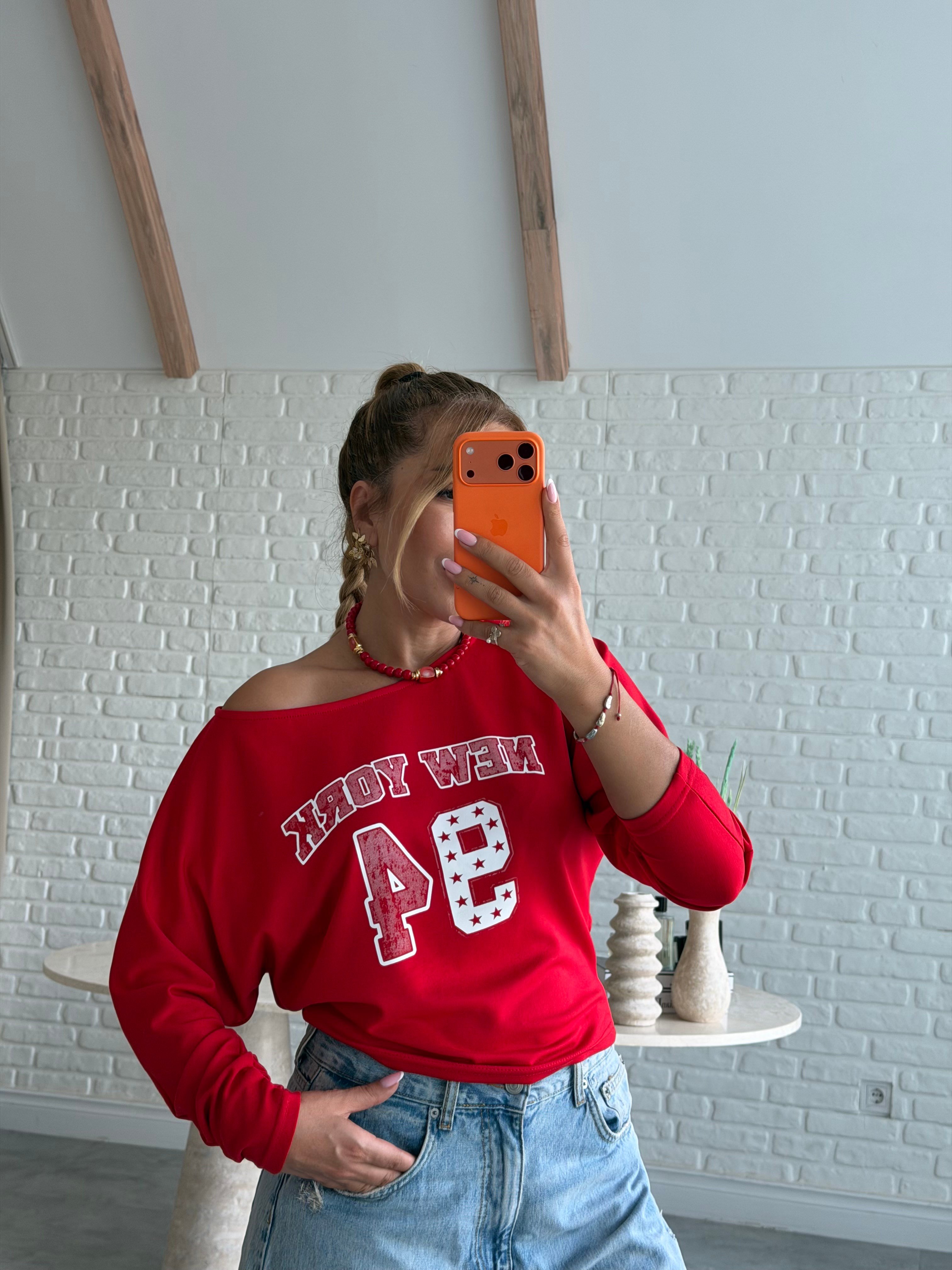 Kırmızı 94 Baskılı Uzun Kollu T-shirt 