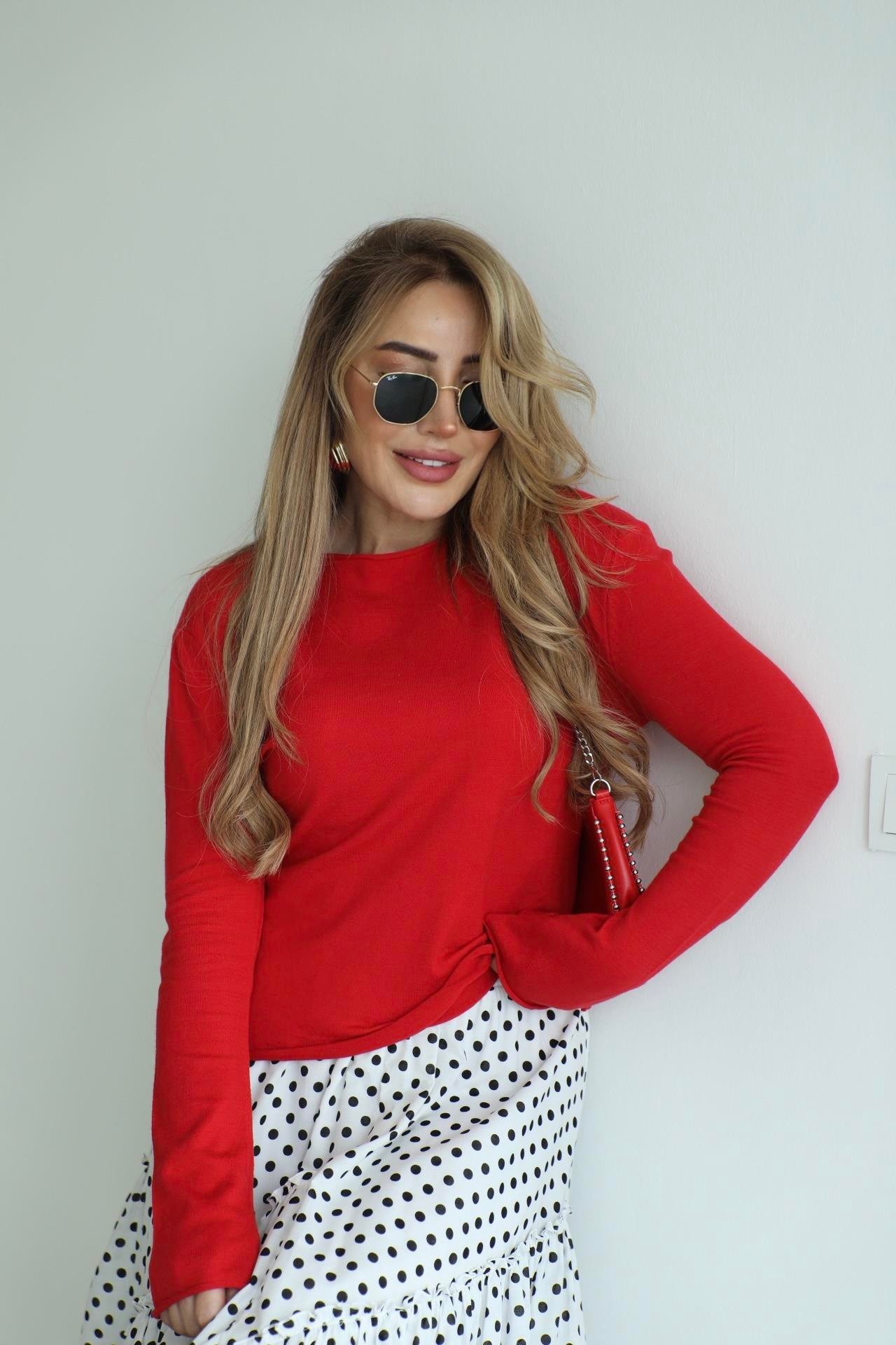 Kırmızı Basic Dokulu Triko Bluz