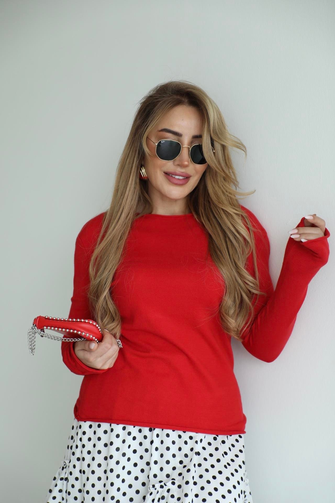 Kırmızı Basic Dokulu Triko Bluz