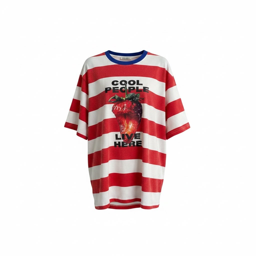 Kırmızı Beyaz Çizgili Çilek Baskılı T-shirt 