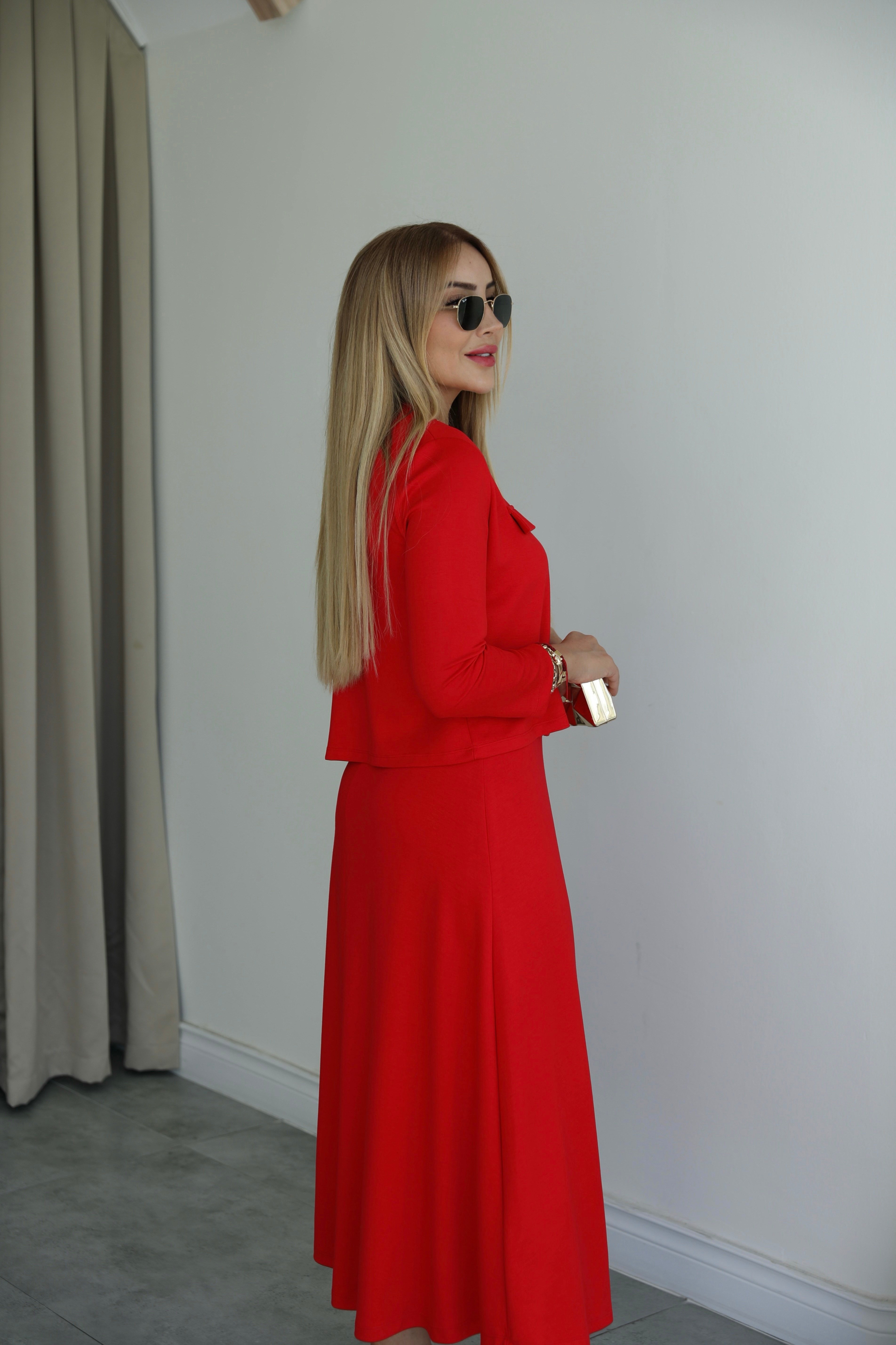 Kırmızı Çıtçıtlı Elbise Hırka Takım 
