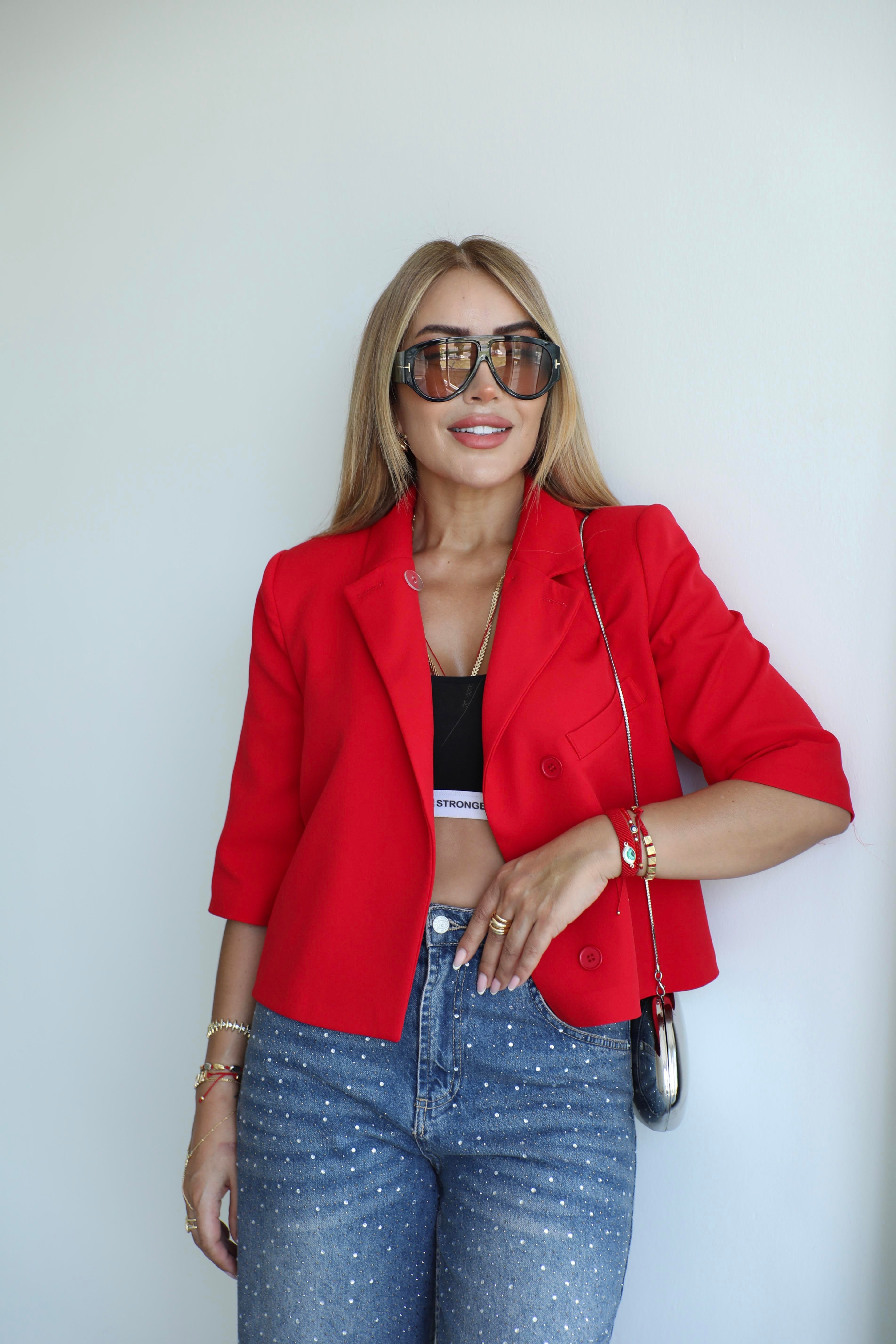 Kırmızı Crop Kısa Kollu Ceket