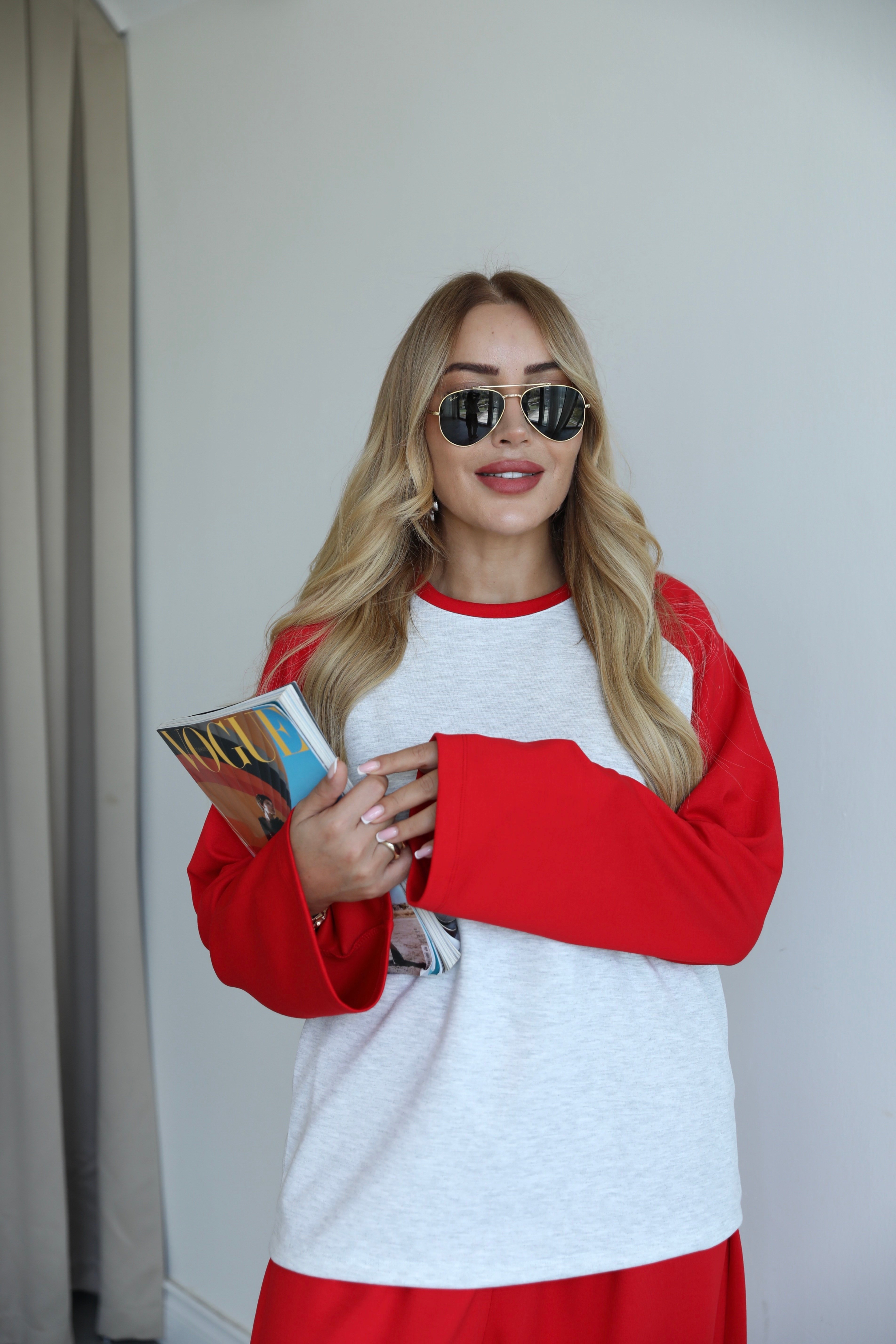 Kırmızı Gri Oversize Sweat Eşofman Takım