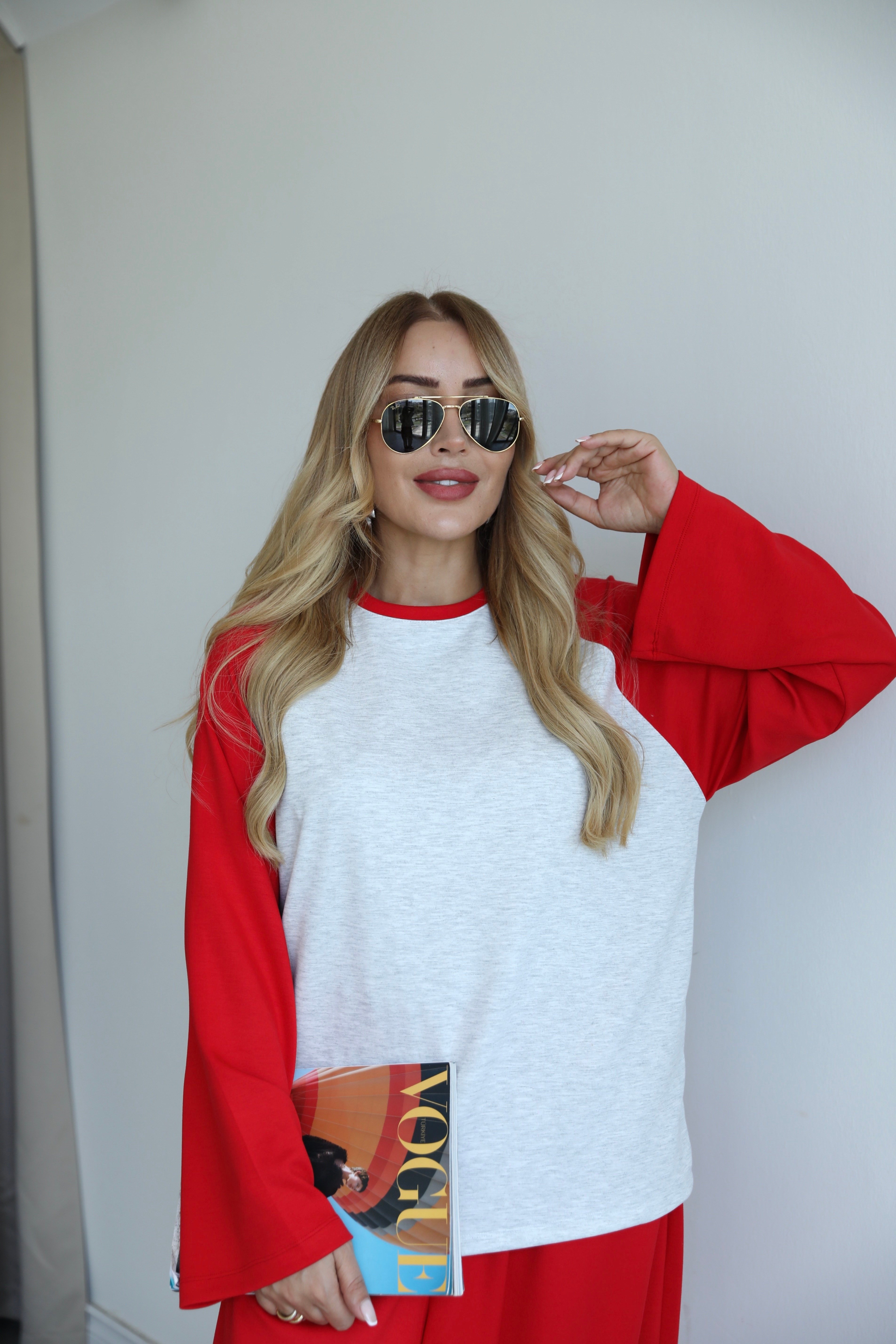 Kırmızı Gri Oversize Sweat Eşofman Takım