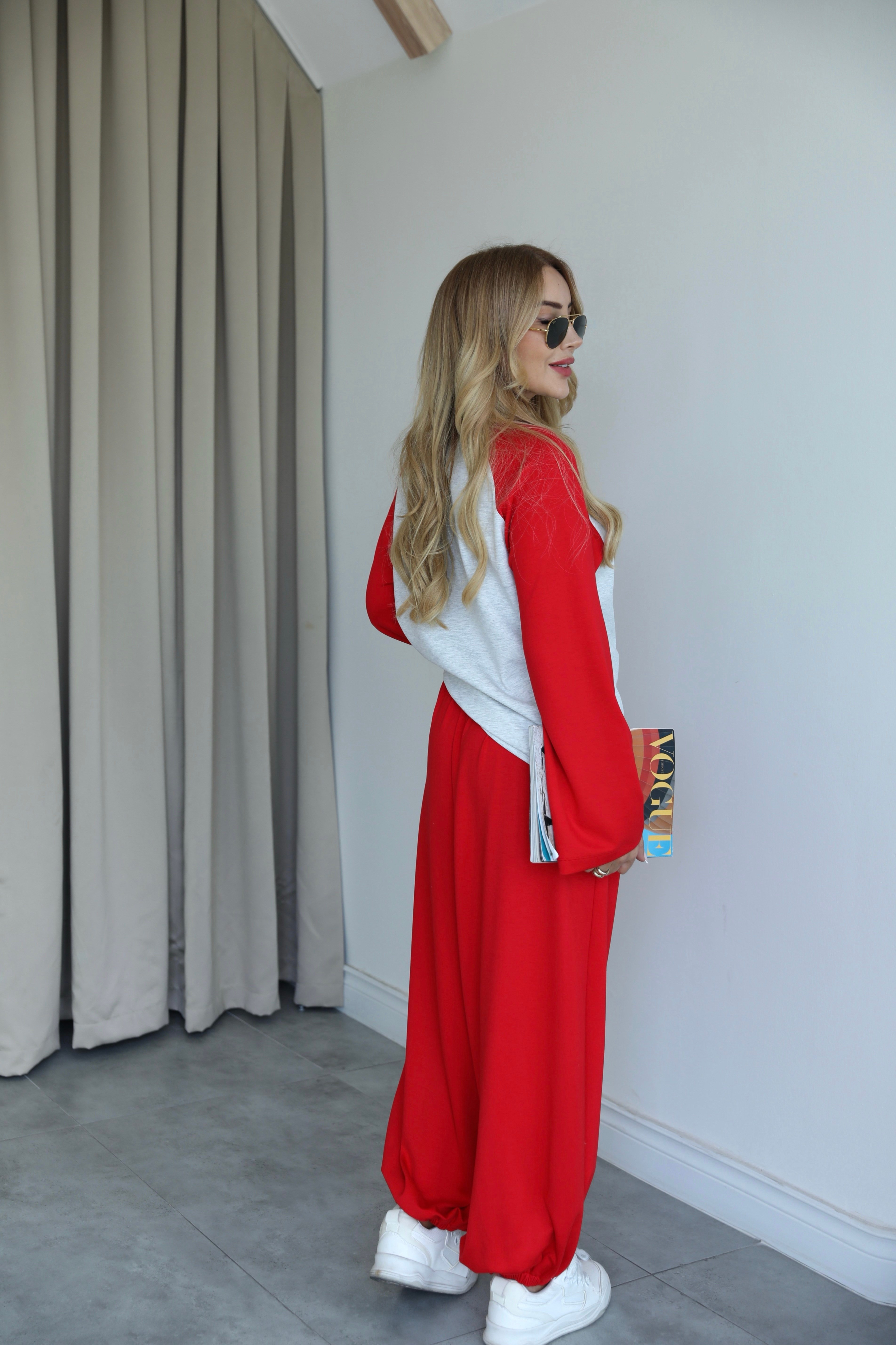 Kırmızı Gri Oversize Sweat Eşofman Takım