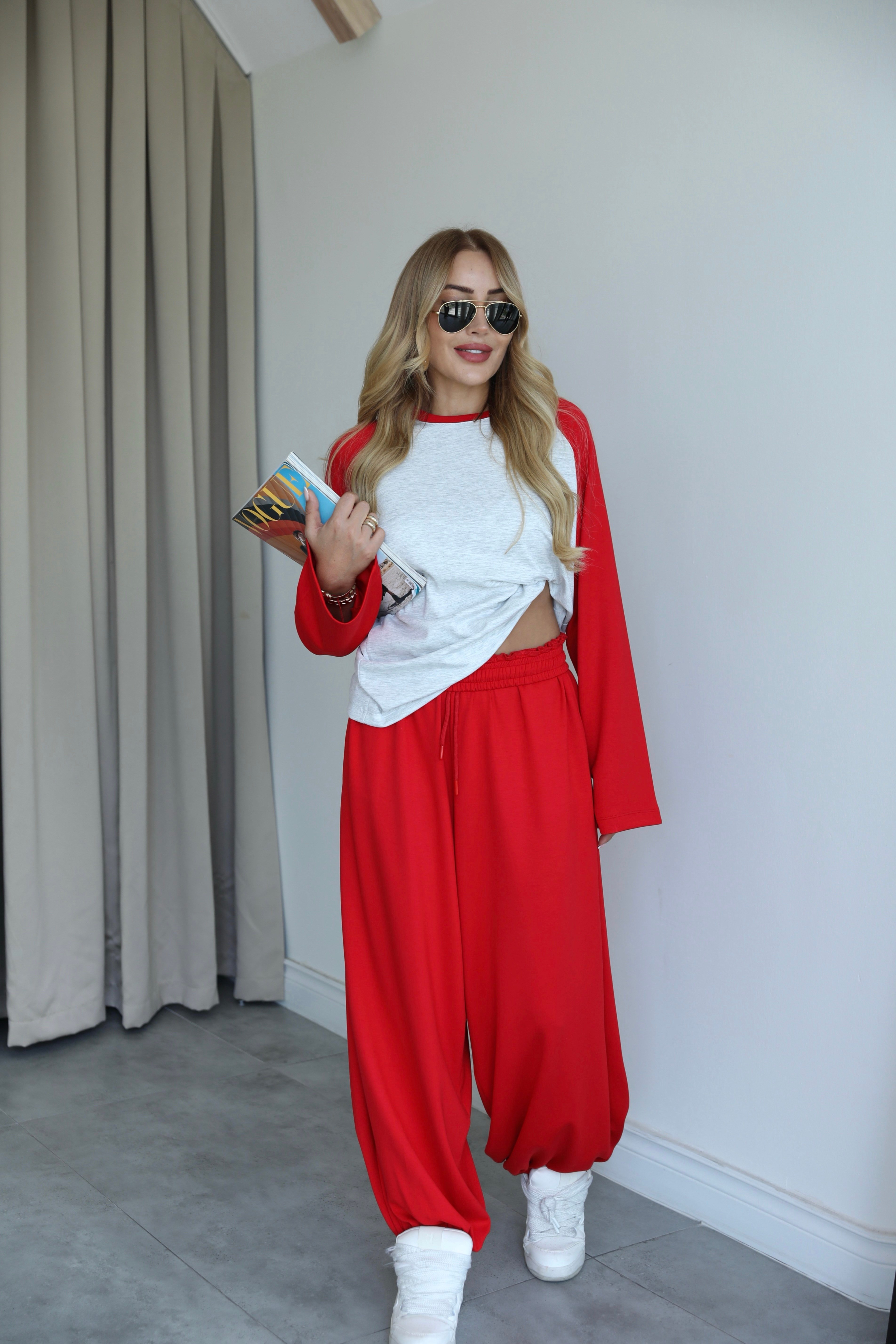 Kırmızı Gri Oversize Sweat Eşofman Takım