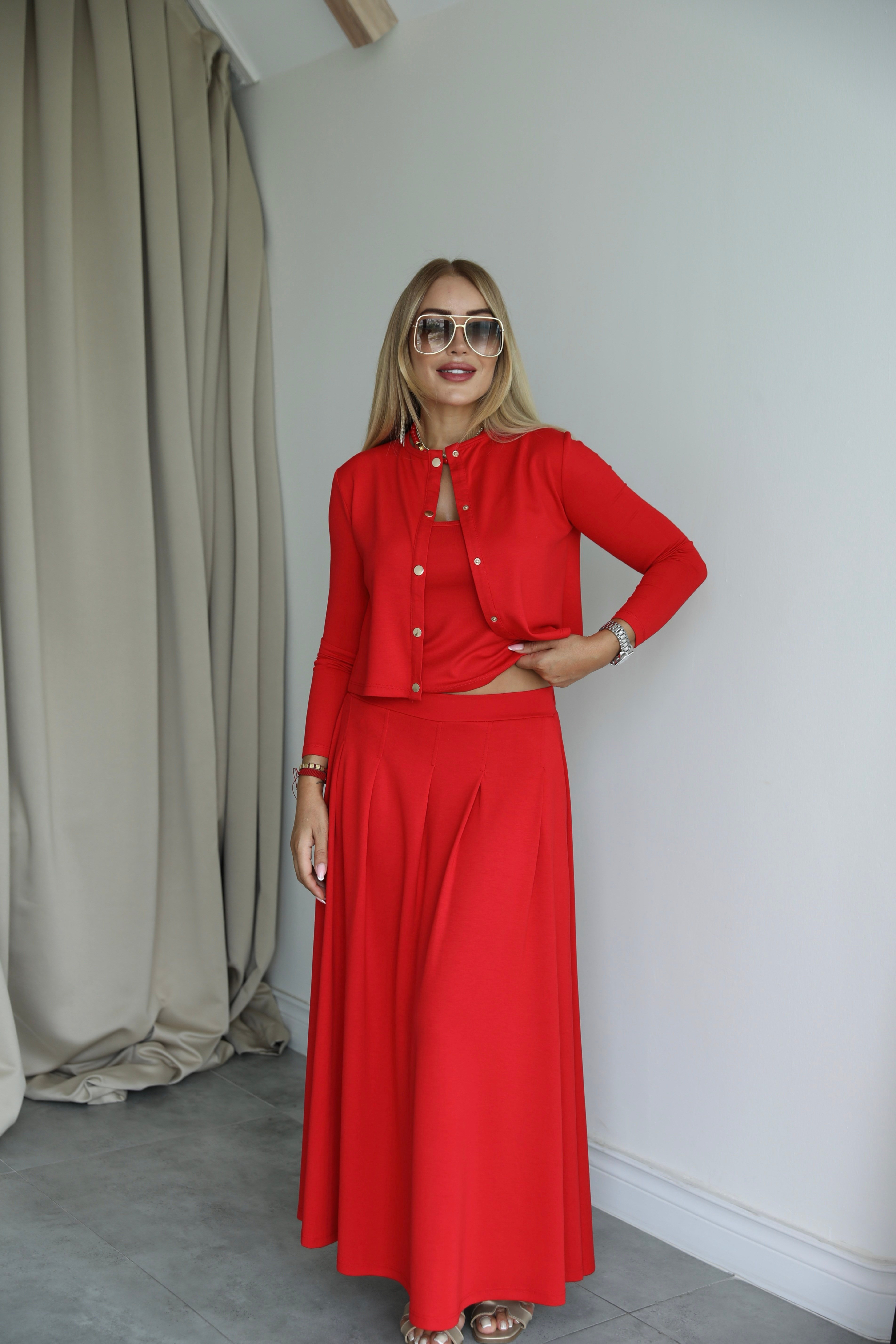 Kırmızı Modal Üçlü Etek Hırka Bluz Takım 