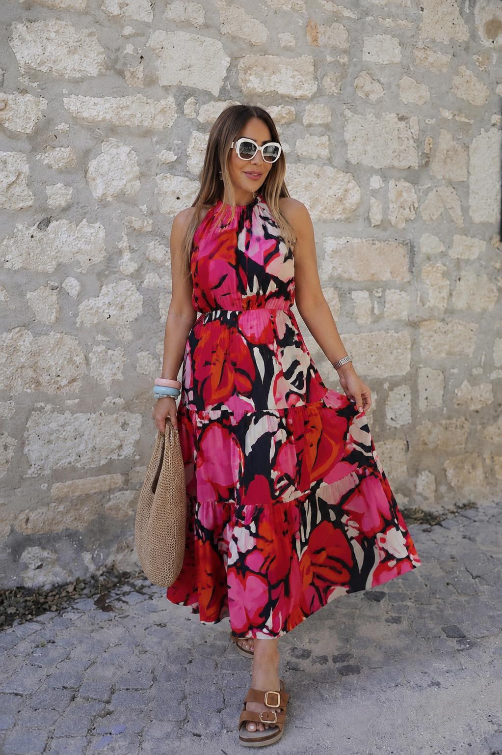 Kırmızı Pembe Desenli Maxi Elbise