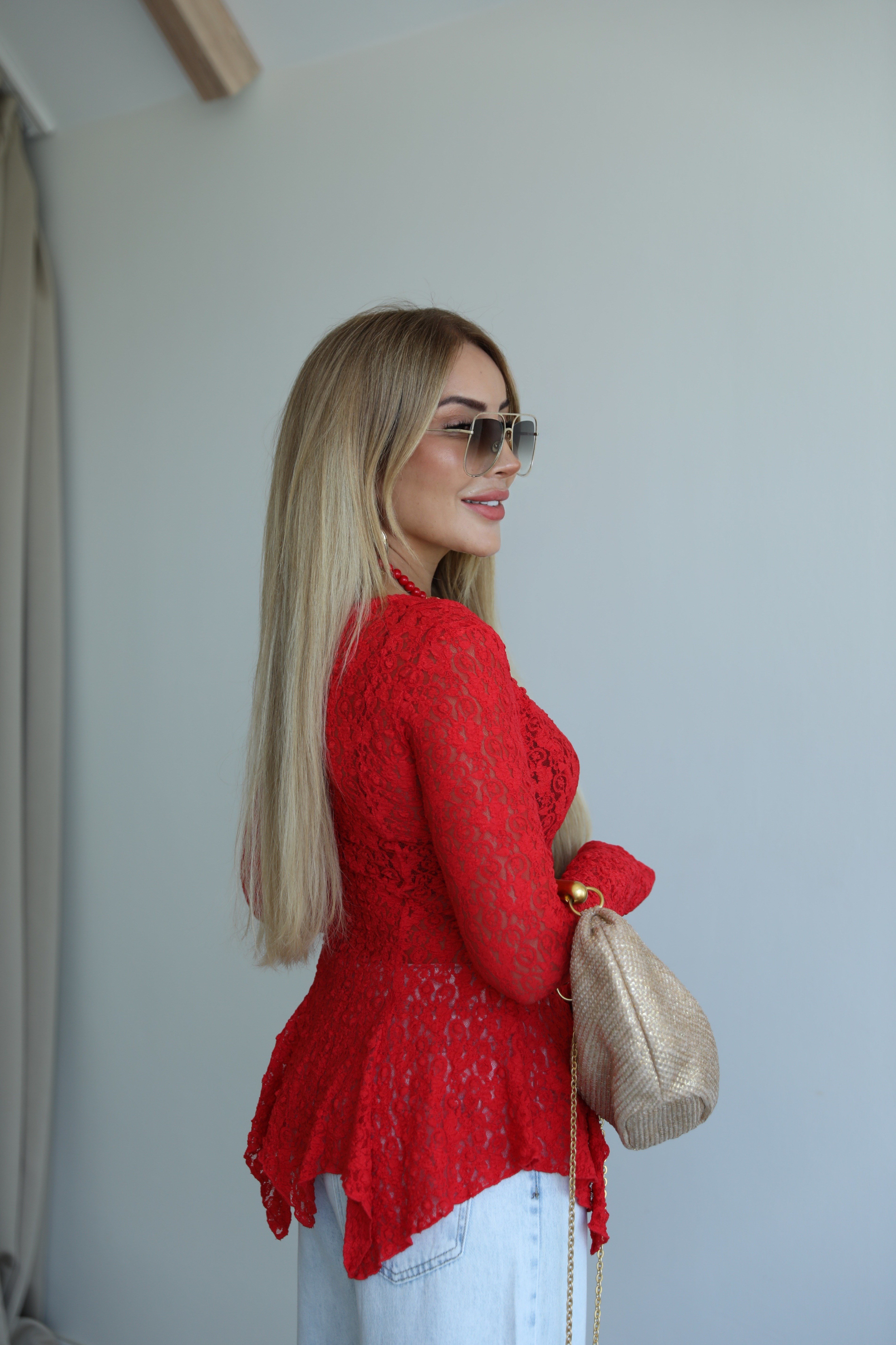 Kırmızı Peplum Dantel Hırka Bluz