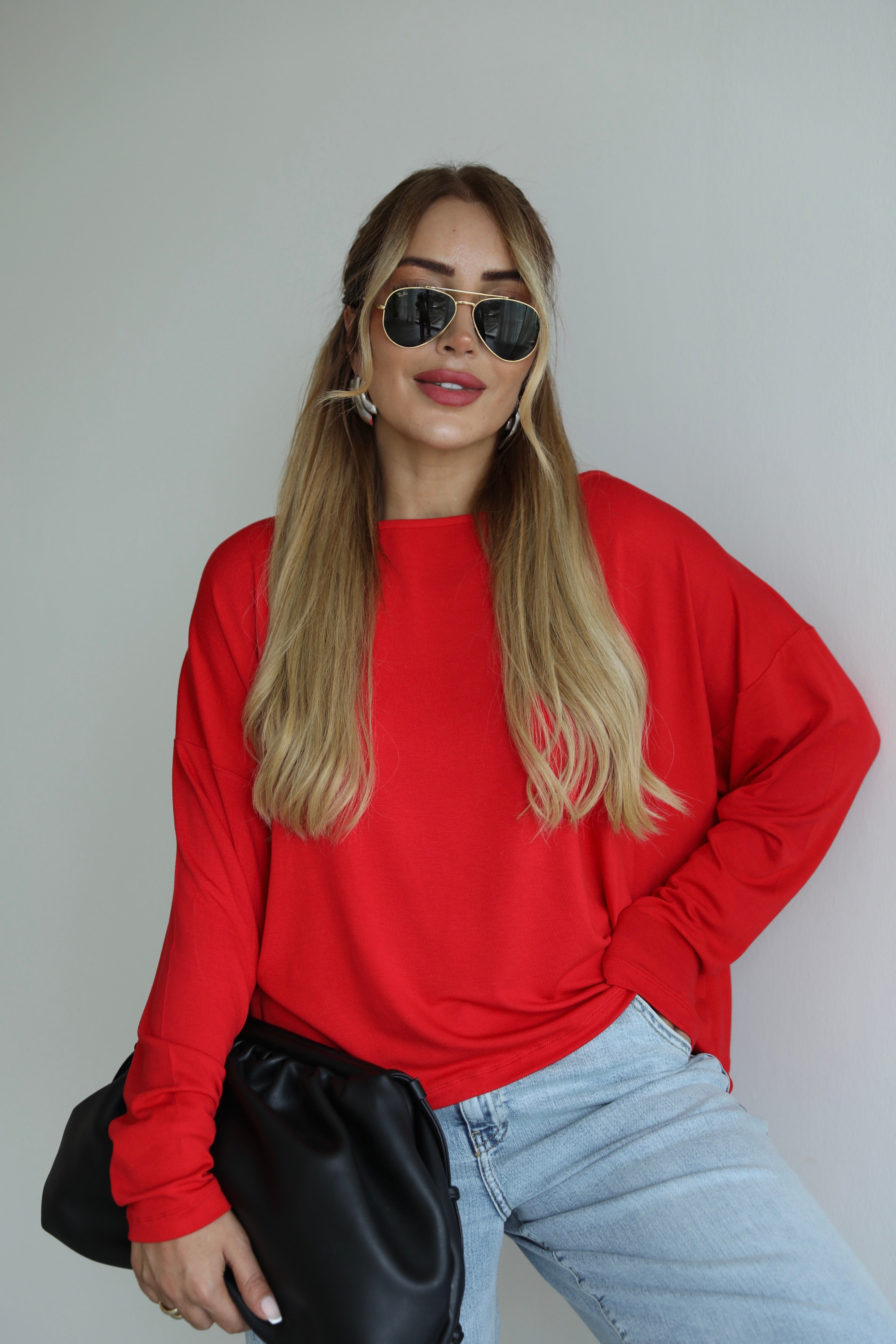 Kırmızı Sırt Dantelli Oversize Triko Bluz