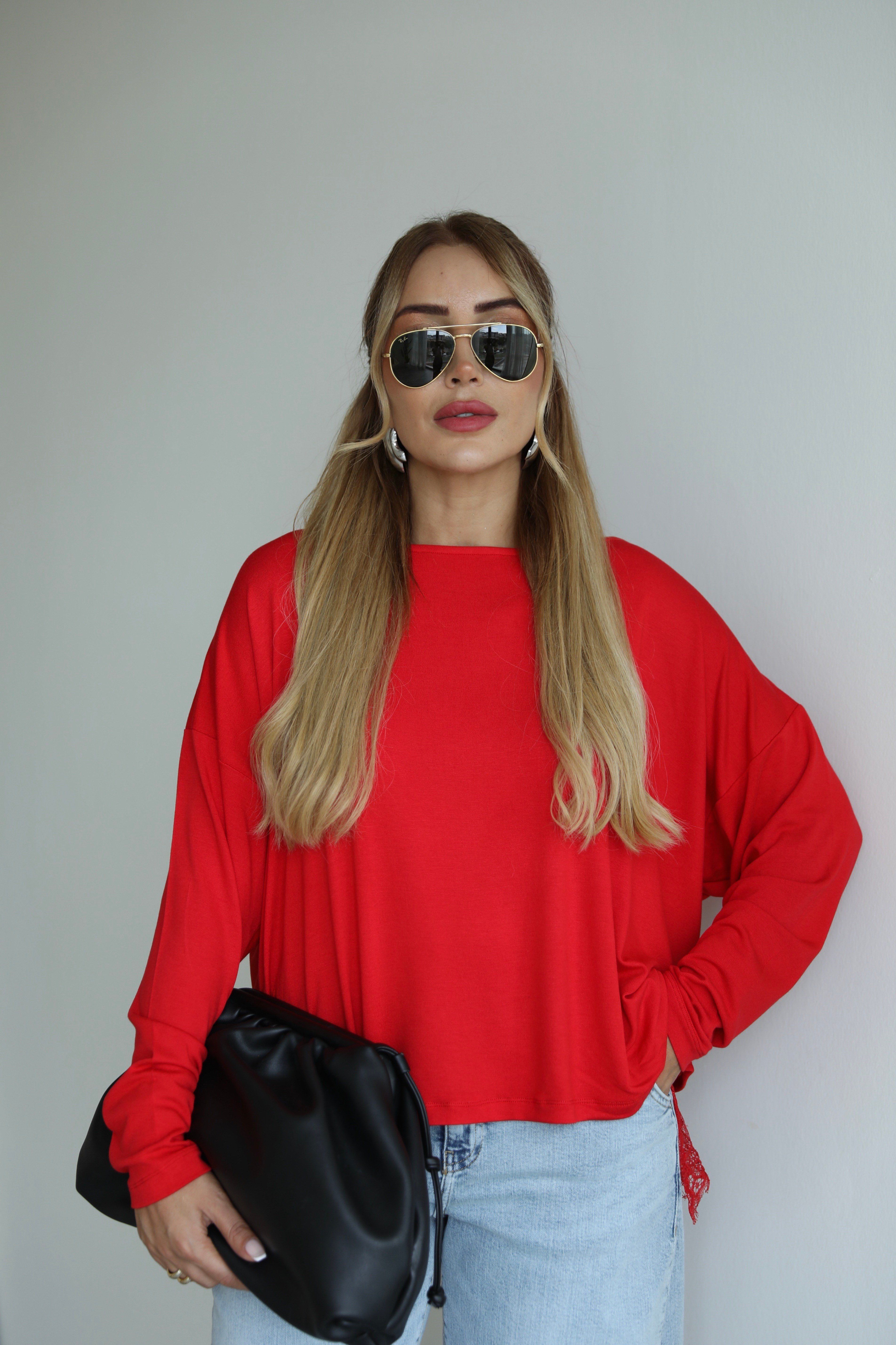 Kırmızı Sırt Dantelli Oversize Triko Bluz