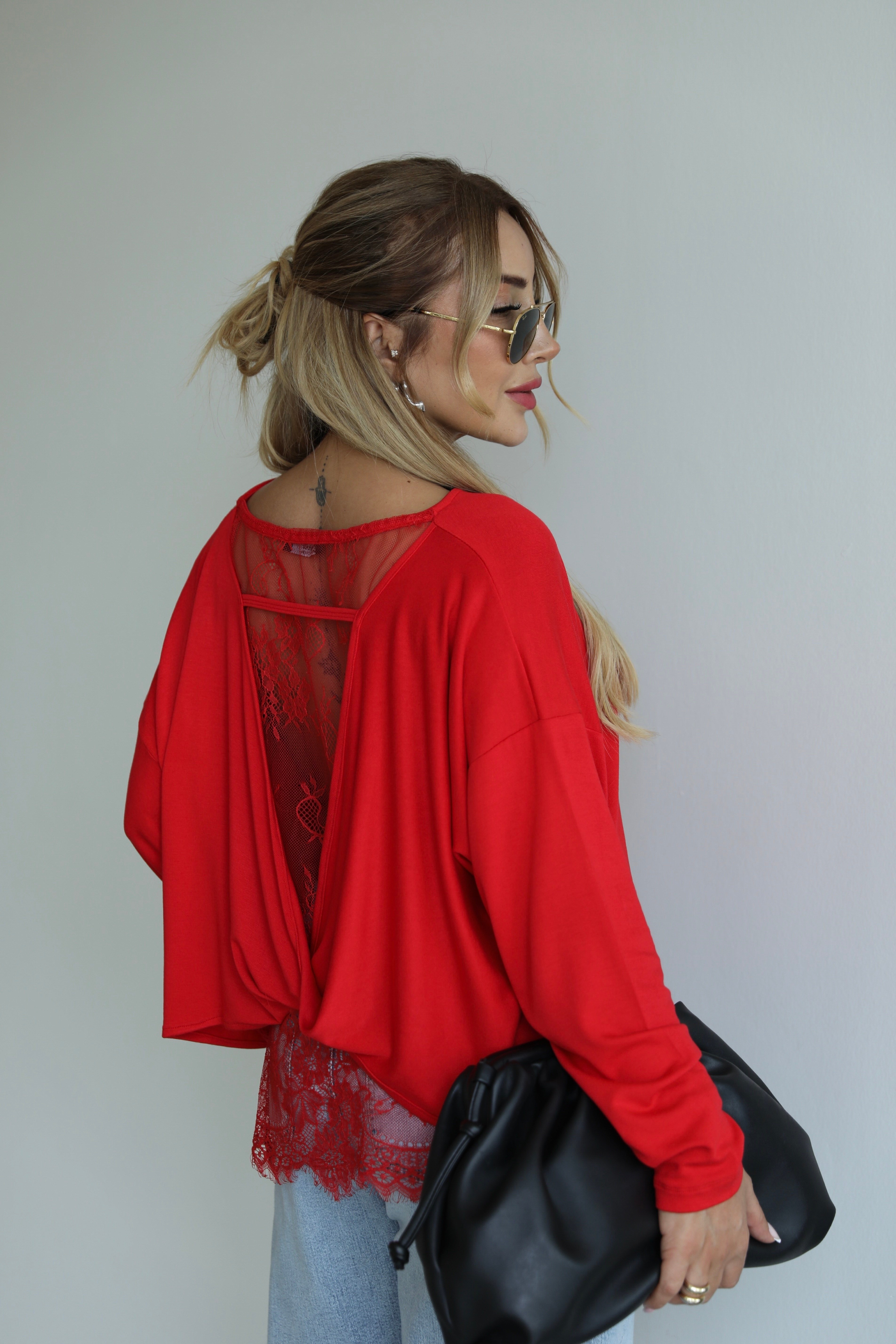 Kırmızı Sırt Dantelli Oversize Triko Bluz