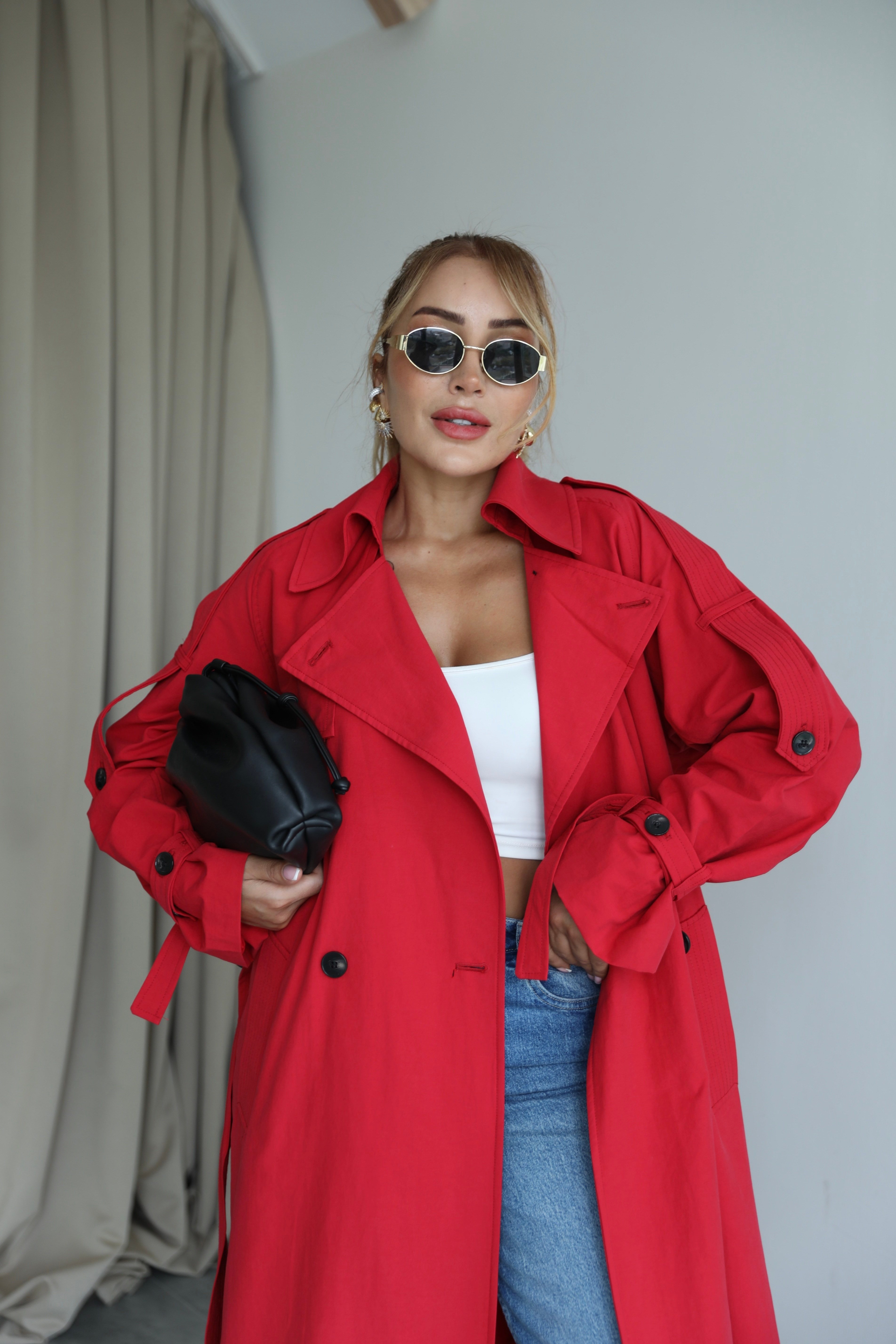 Kırmızı Siyah Düğmeli Oversize Trençkot