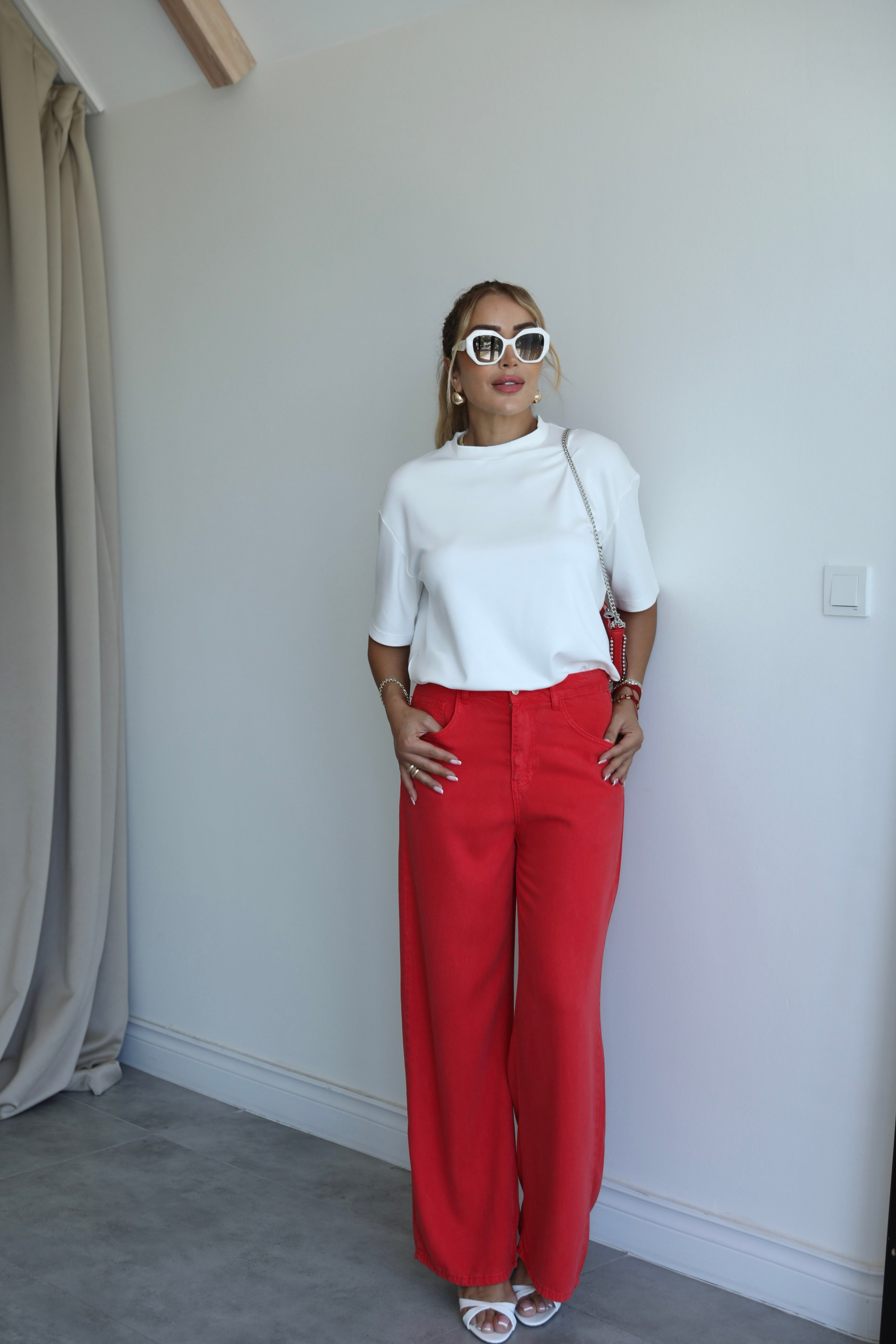 Kırmızı Tencel Pantolon 