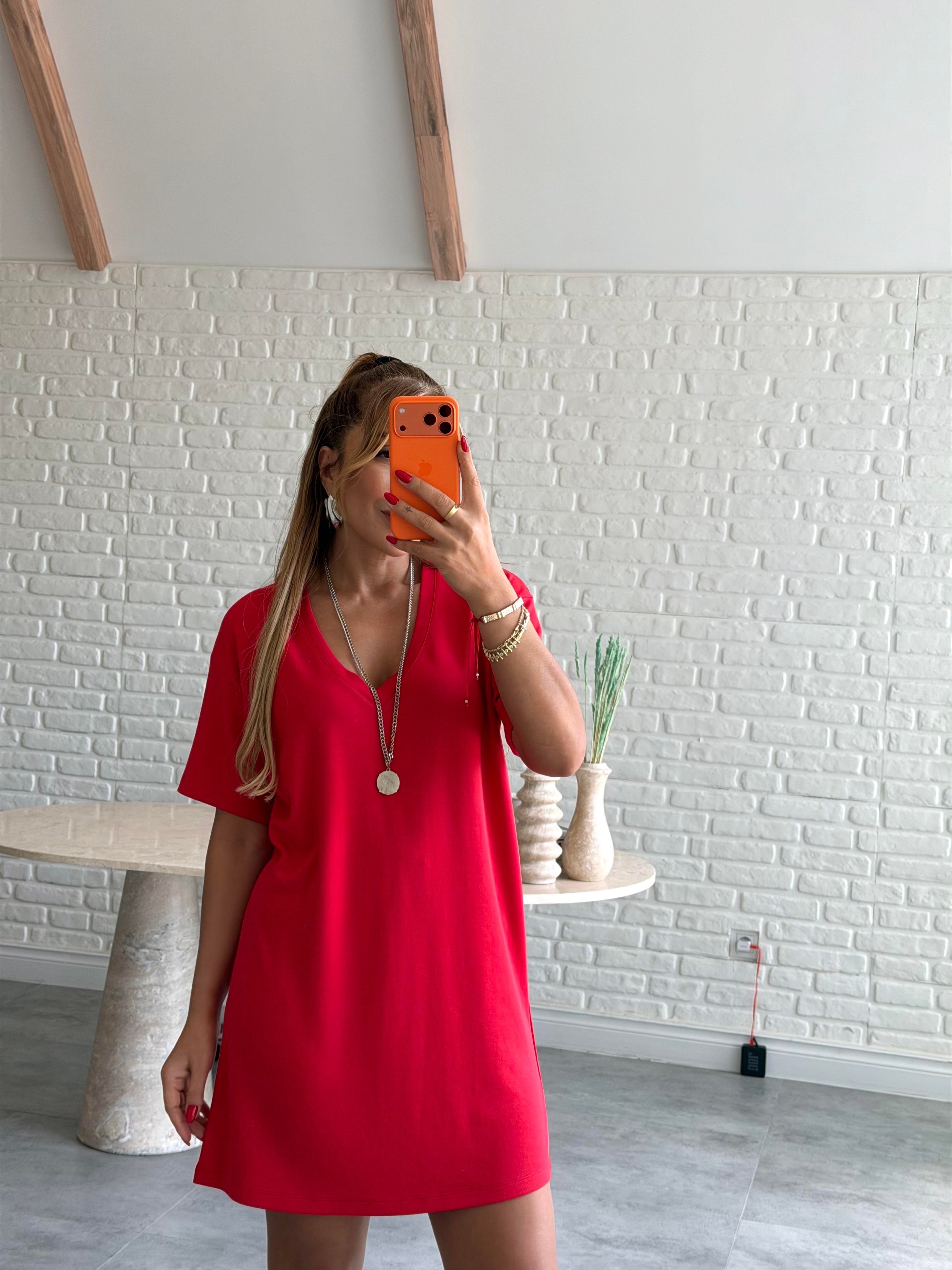 Kırmızı V Yaka Basic Elbise 