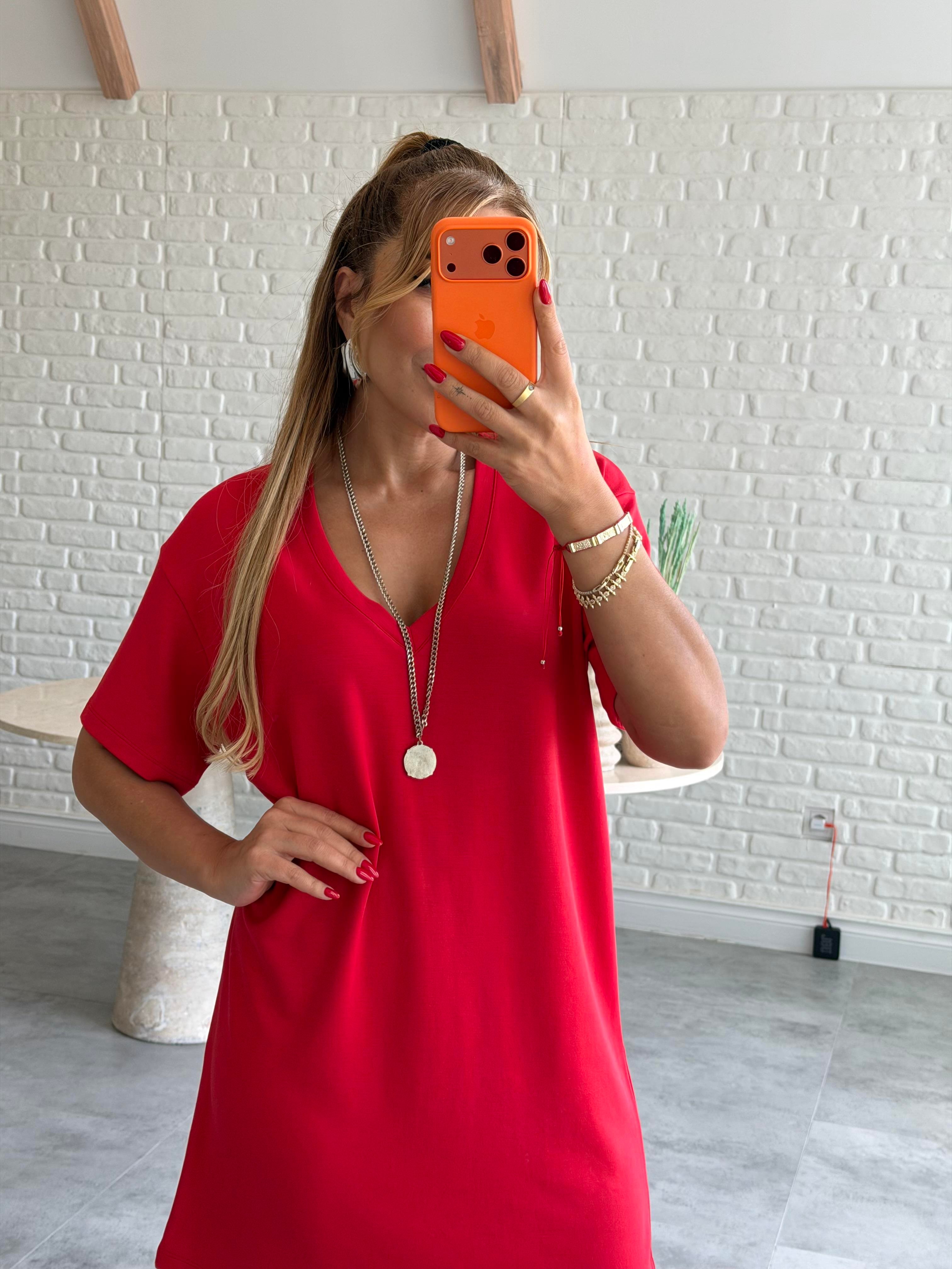 Kırmızı V Yaka Basic Elbise 