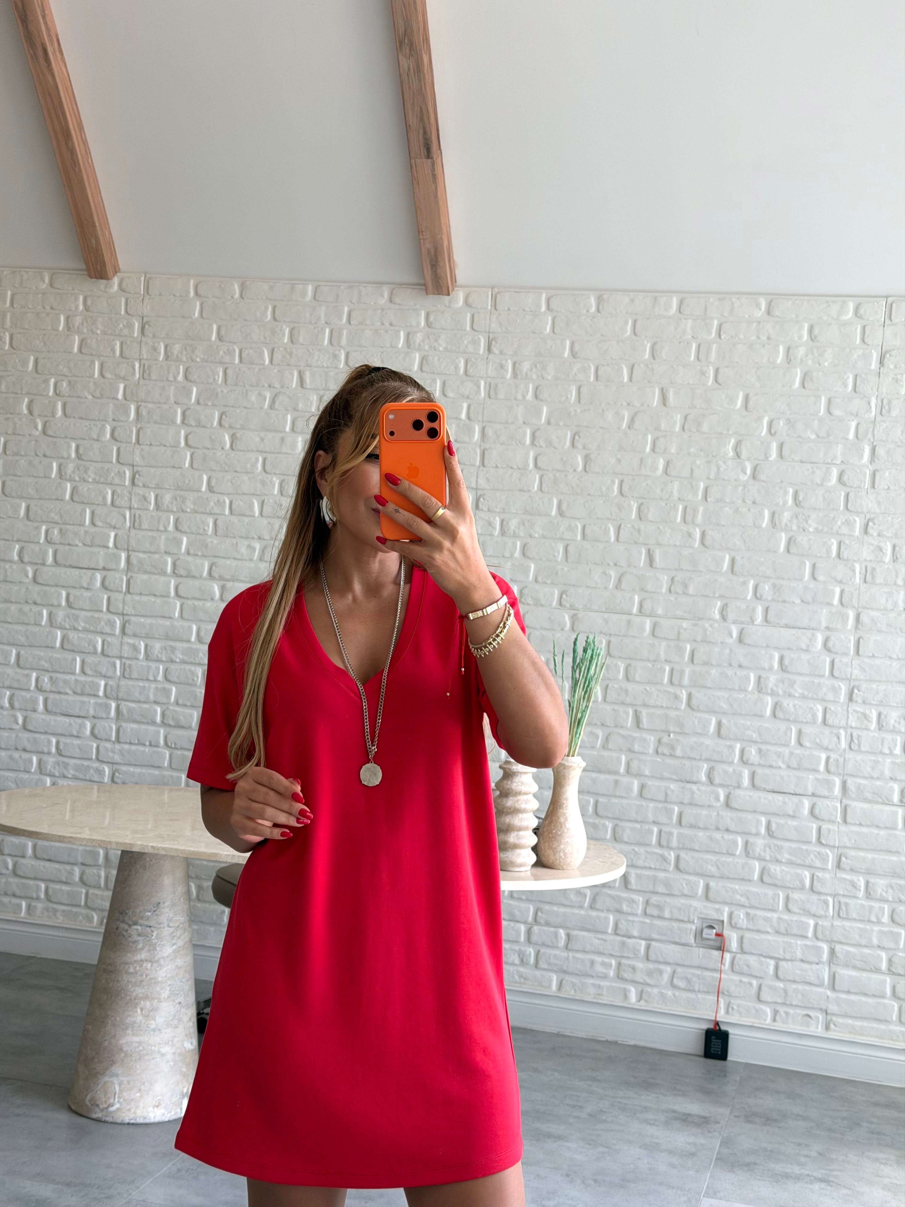 Kırmızı V Yaka Basic Elbise 