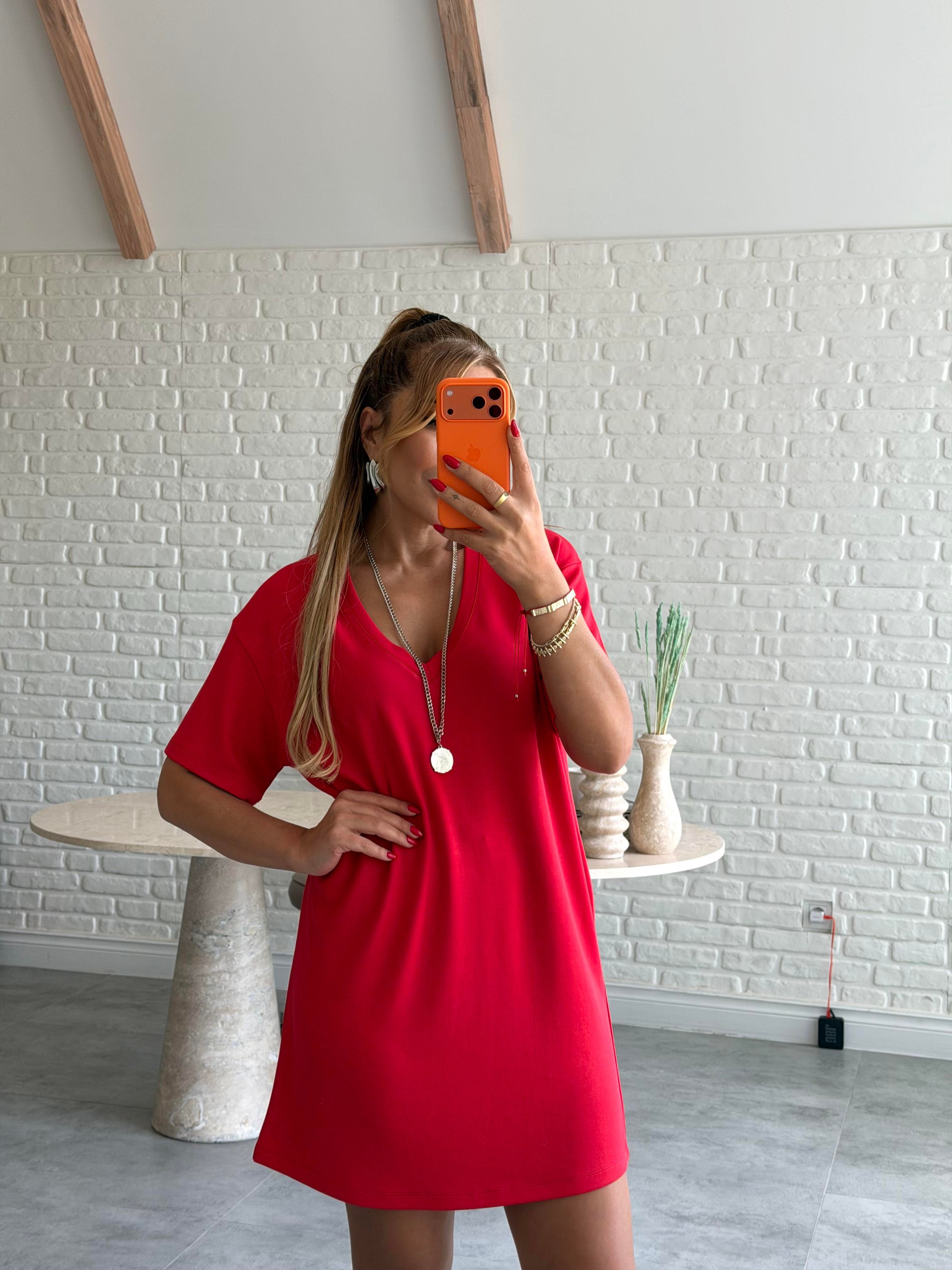 Kırmızı V Yaka Basic Elbise 