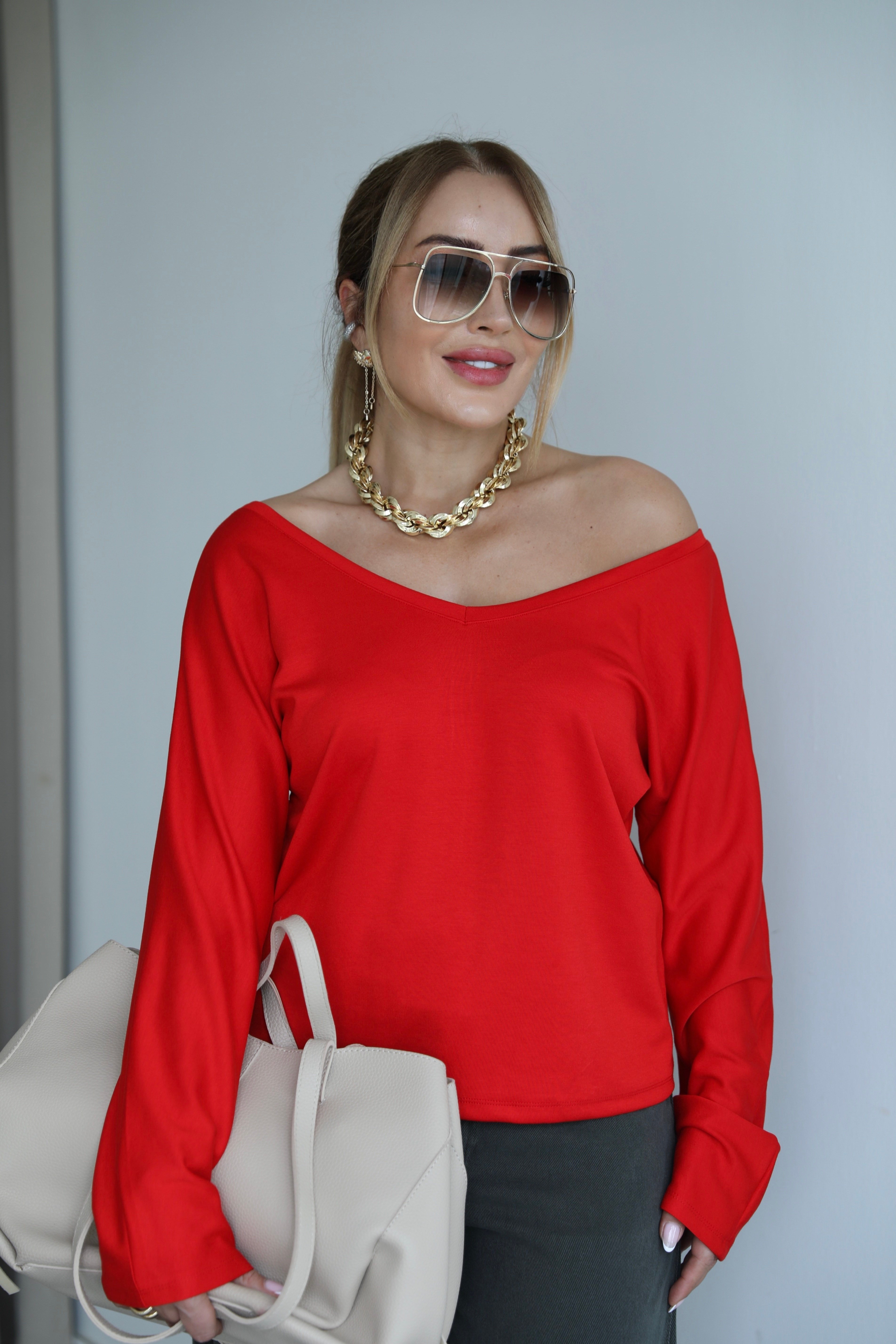 Kırmızı V Yaka Uzun Kollu Basic T-shirt 