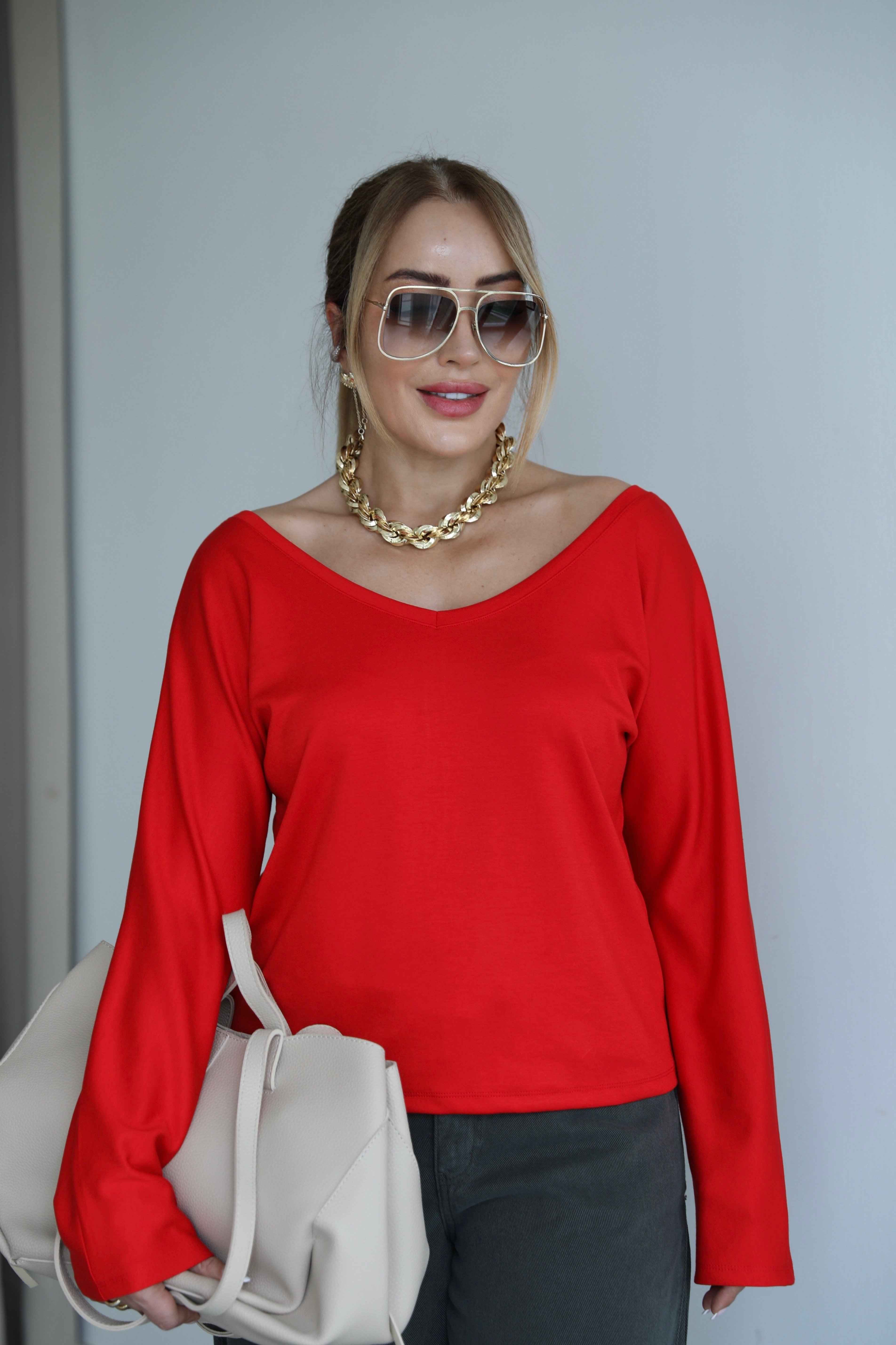 Kırmızı V Yaka Uzun Kollu Basic T-shirt 