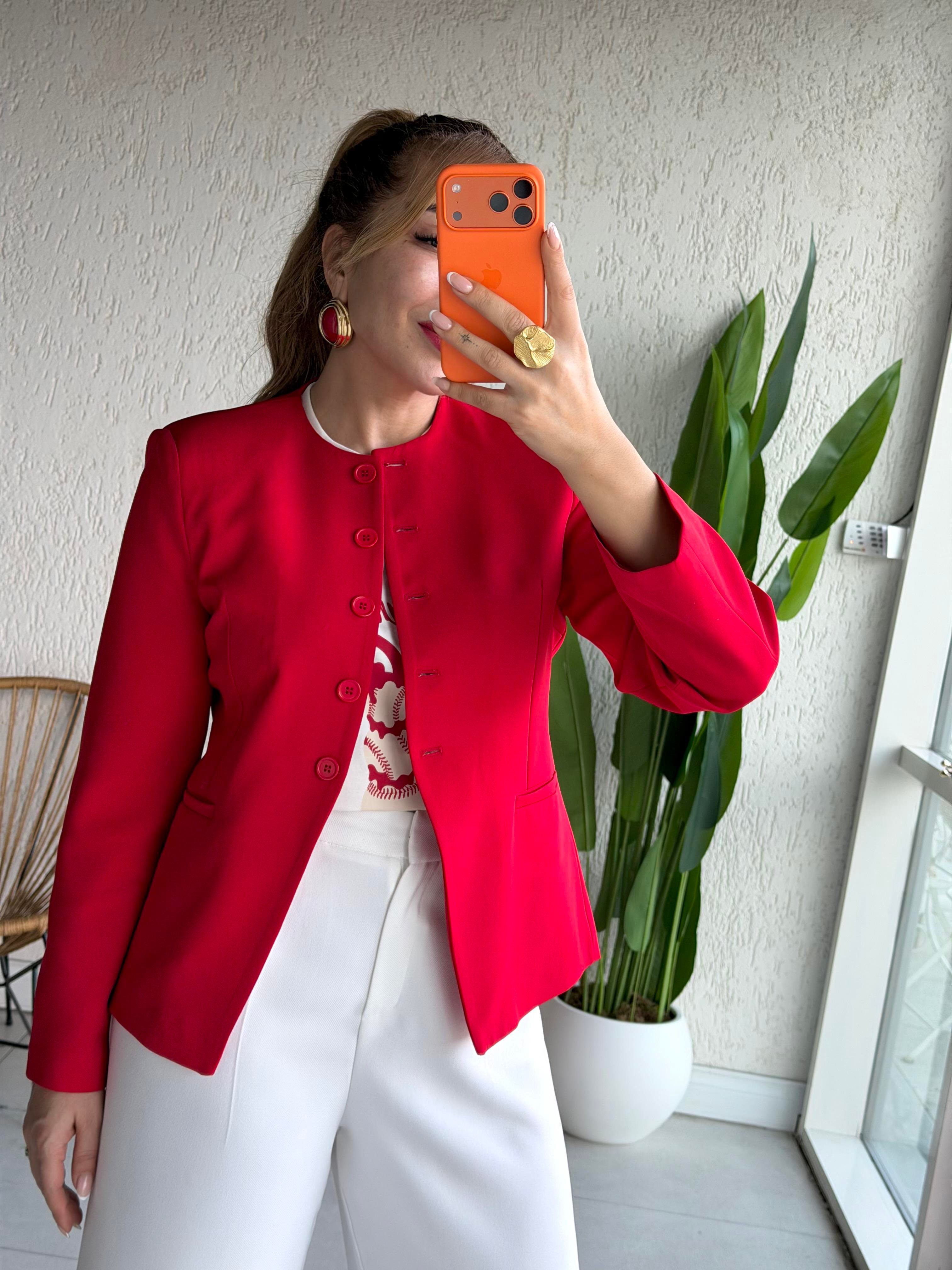 Kırmızı Vatkalı Blazer Ceket