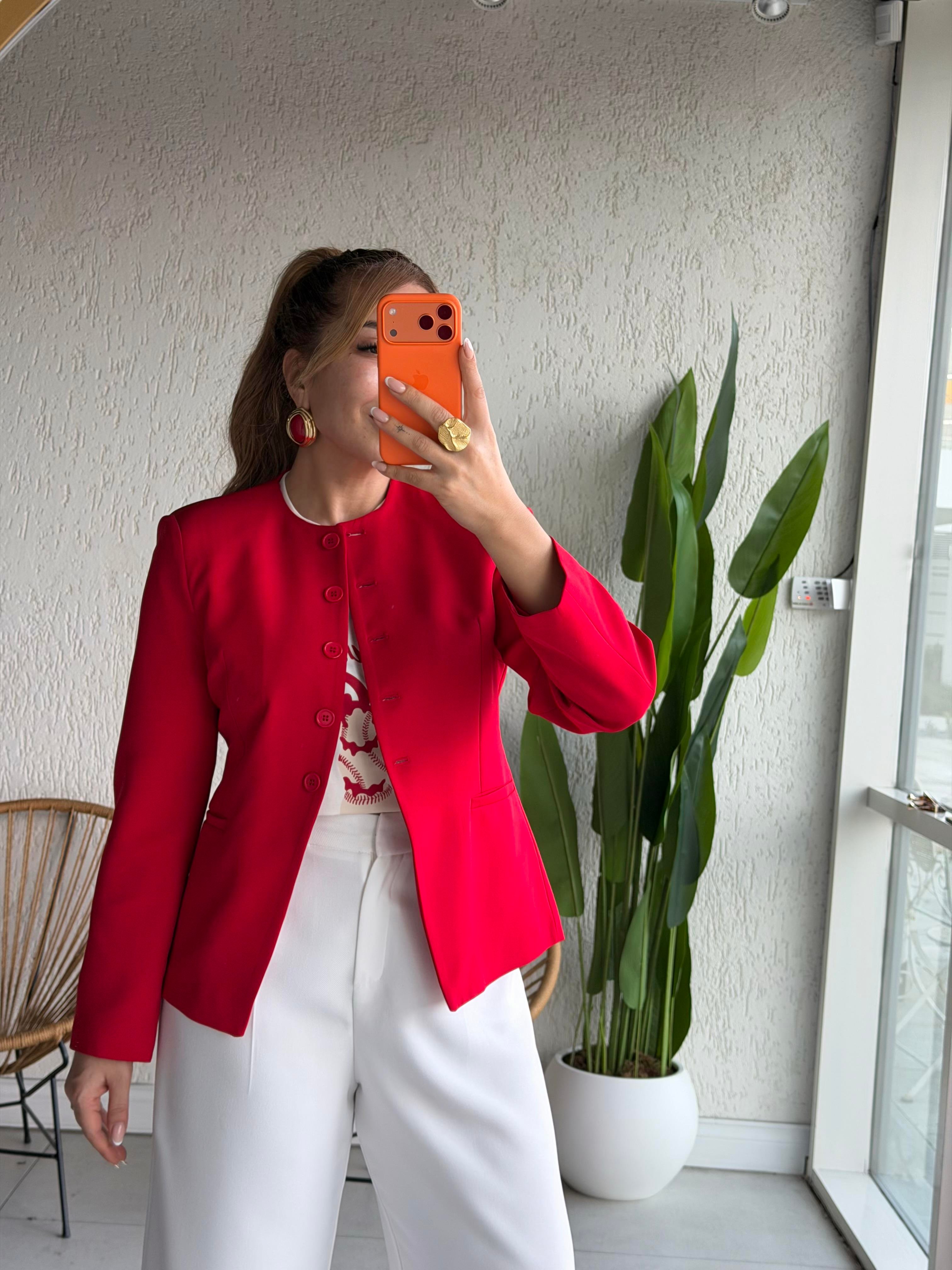 Kırmızı Vatkalı Blazer Ceket