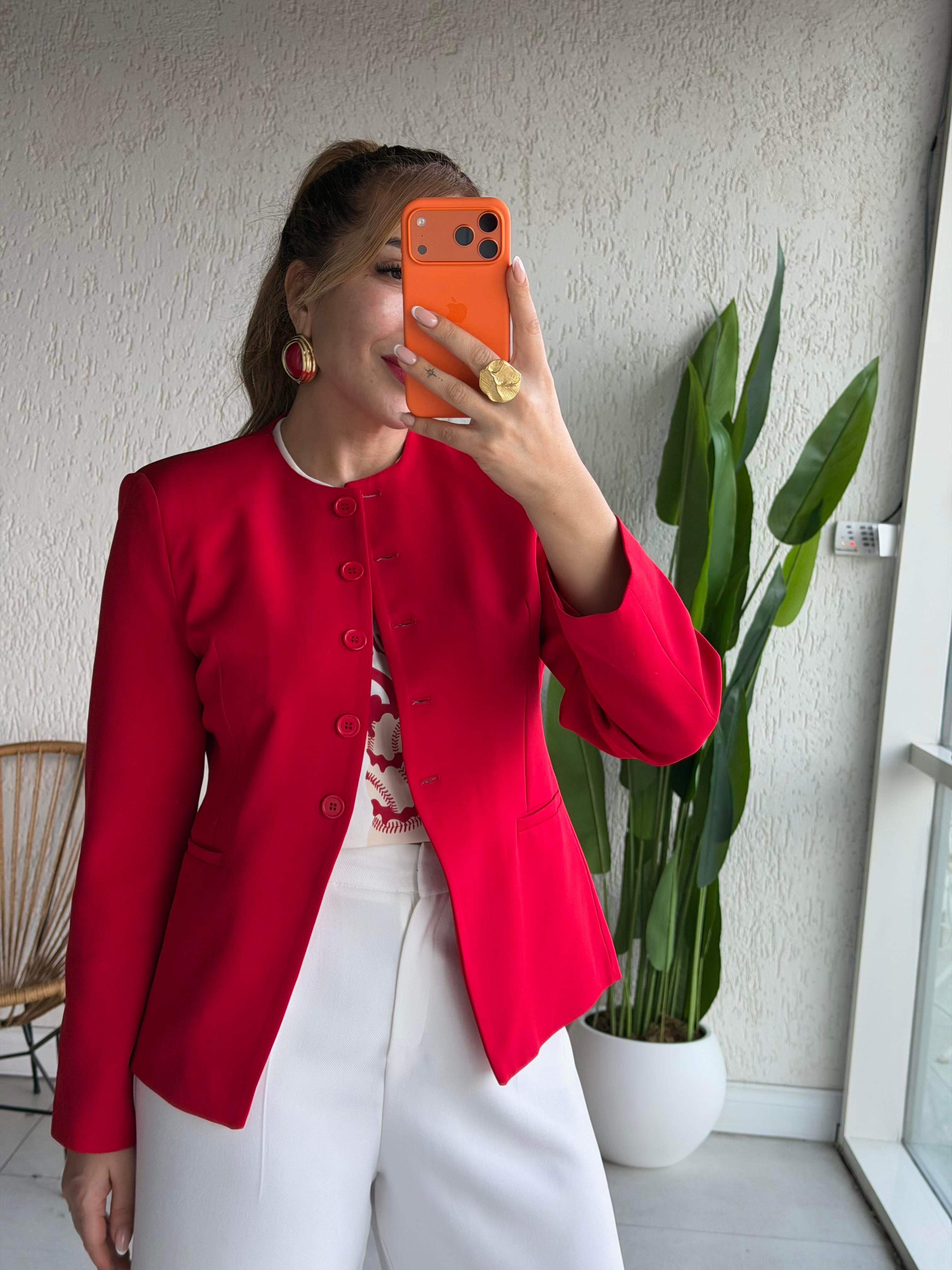 Kırmızı Vatkalı Blazer Ceket