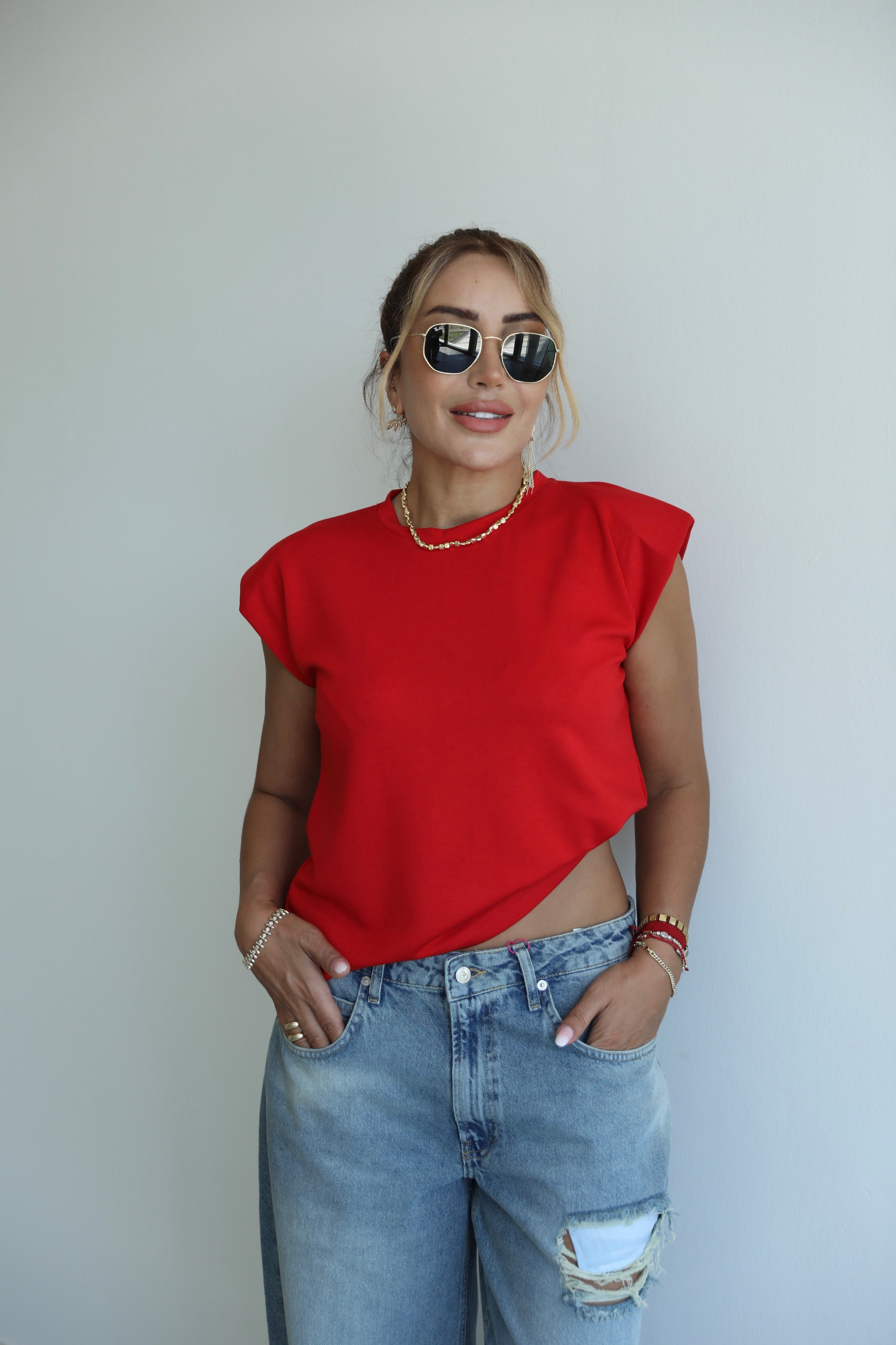 Kırmızı Vatkalı Modal Basic T-shirt 