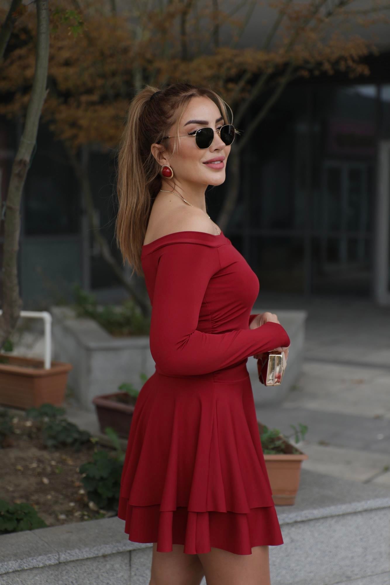 Koyu Kırmızı Madonna Katlı Elbise 