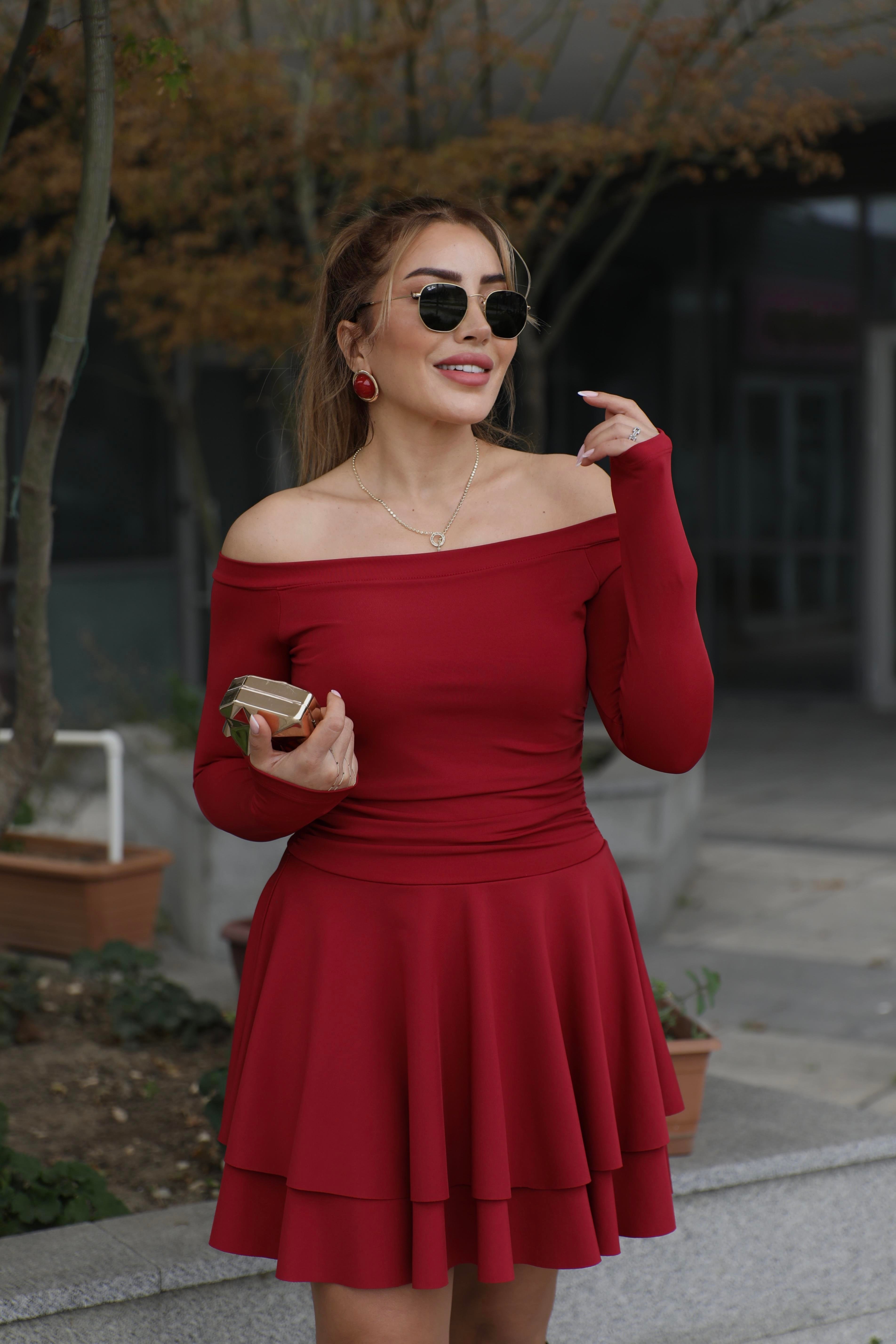 Koyu Kırmızı Madonna Katlı Elbise 