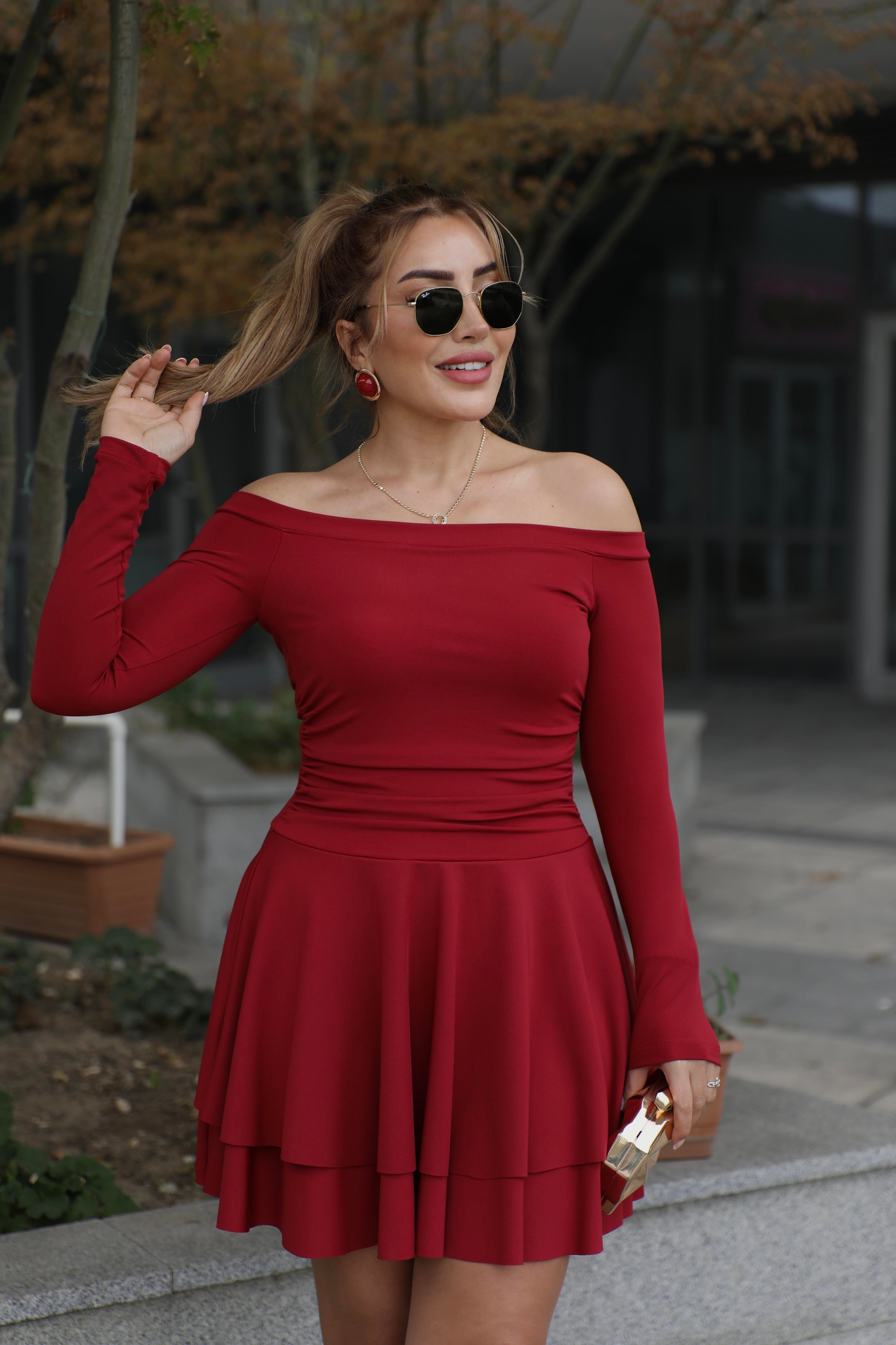 Koyu Kırmızı Madonna Katlı Elbise 