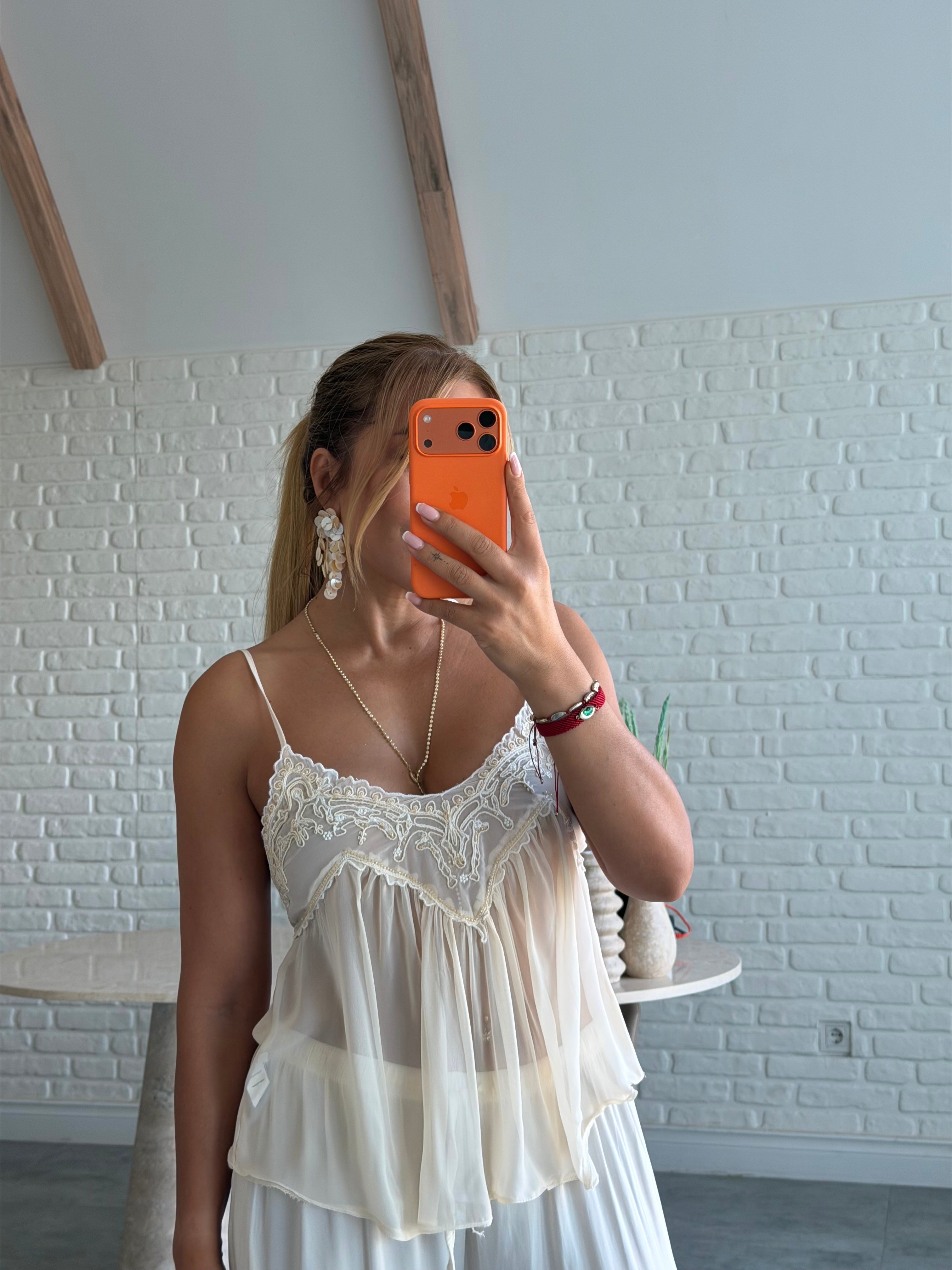 Krem Askılı Bluz