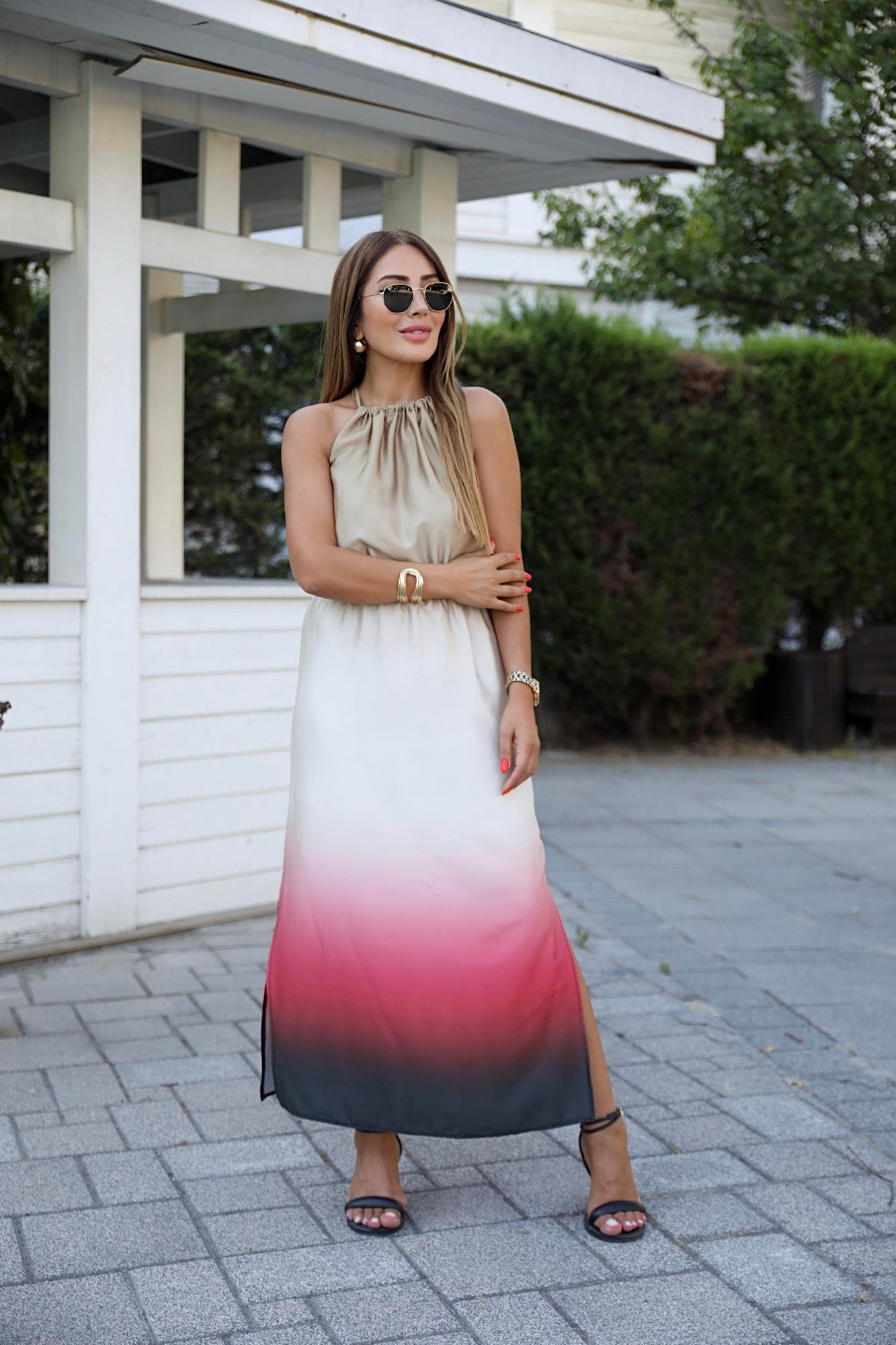 Krem Bordo Desenli Saten Halter Elbise