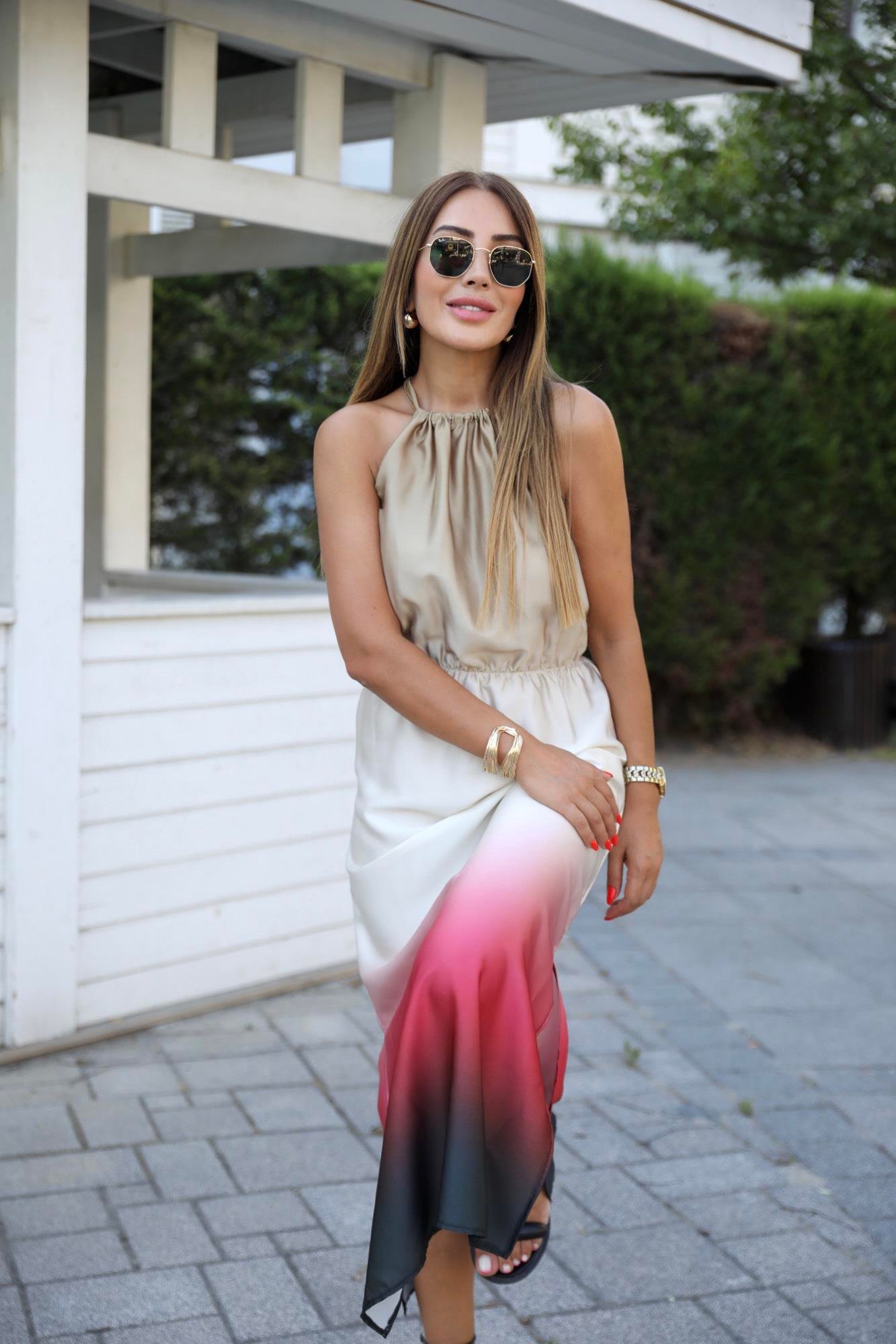 Krem Bordo Desenli Saten Halter Elbise