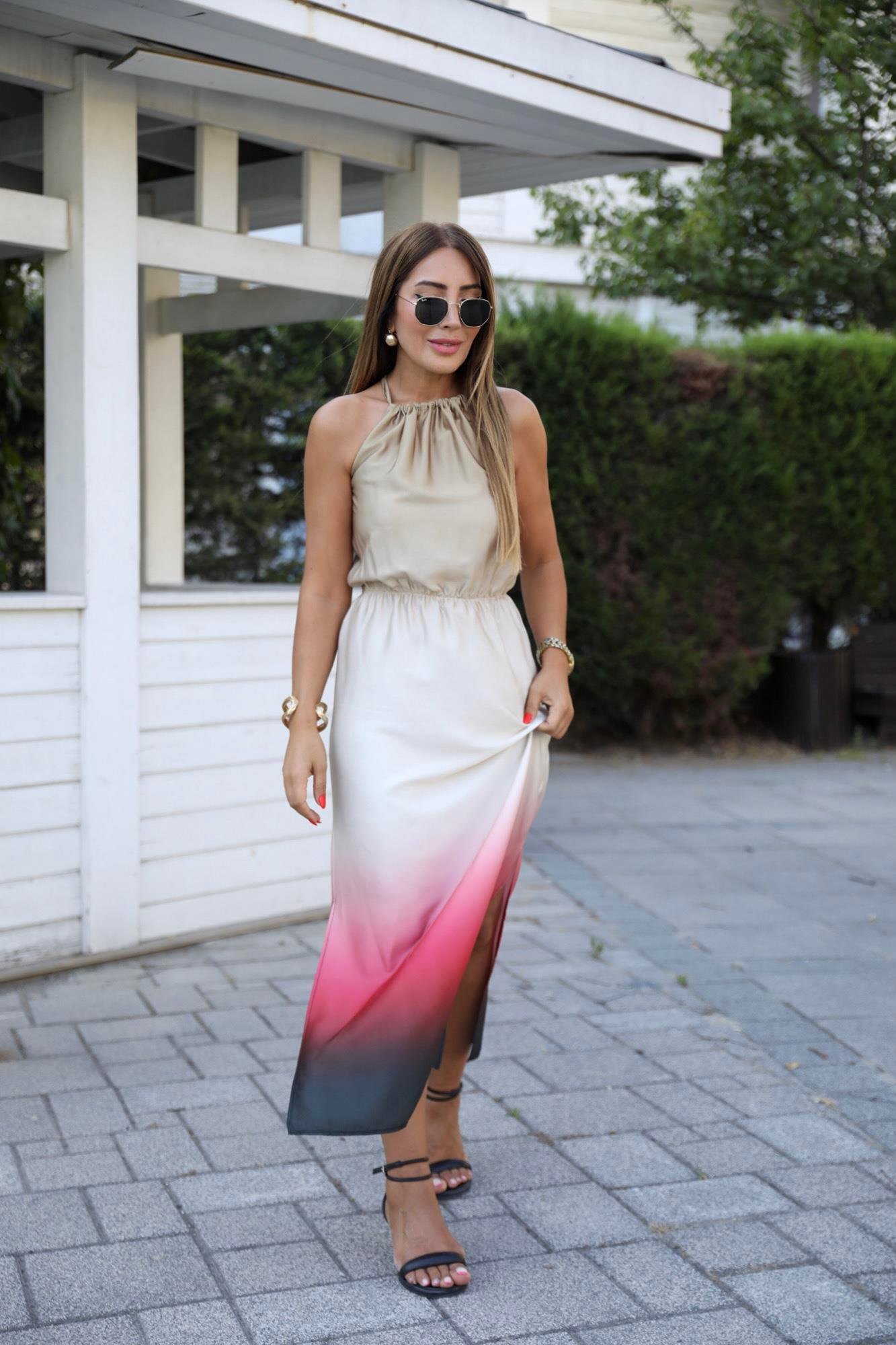 Krem Bordo Desenli Saten Halter Elbise