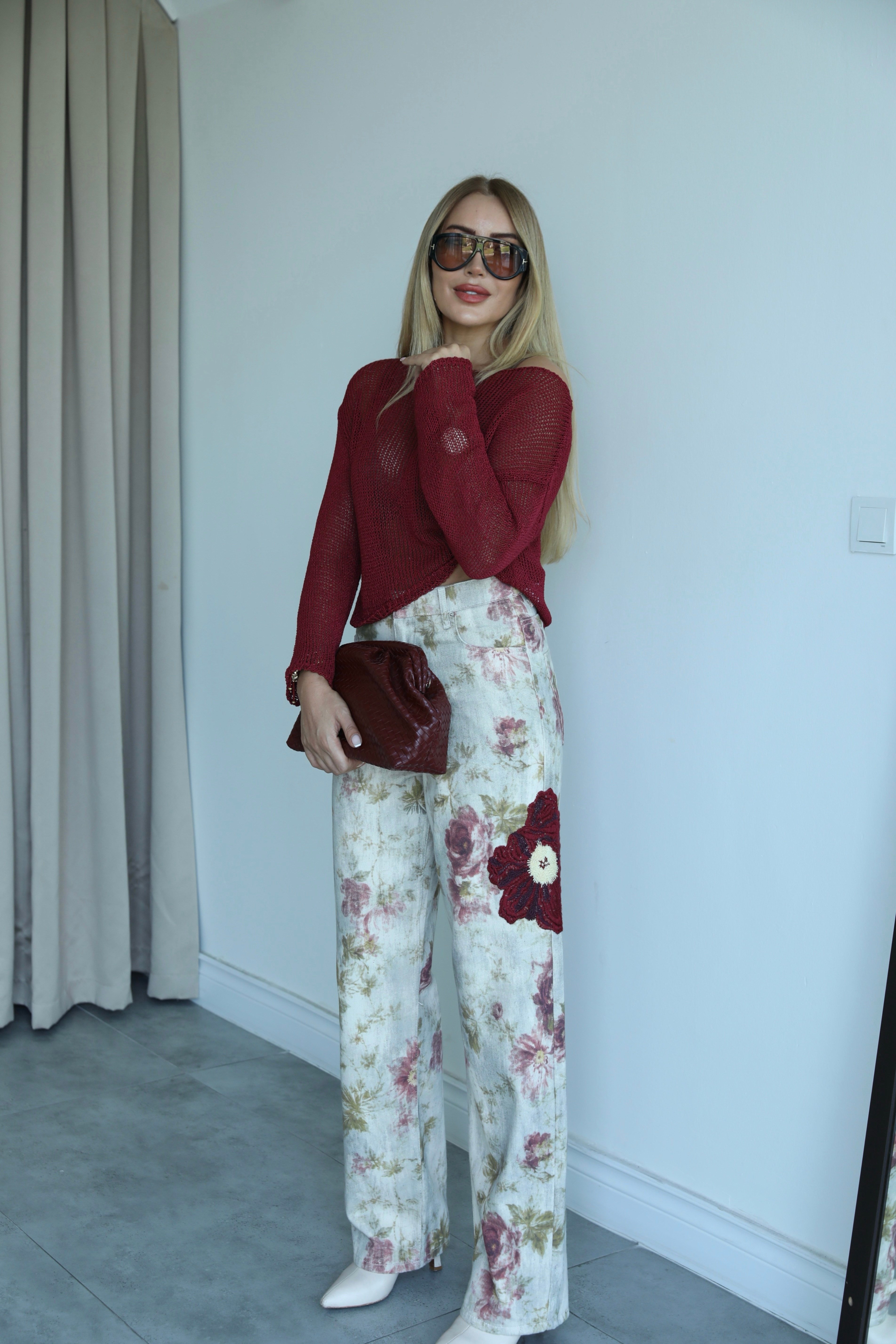 Krem Bordo Nakış Detay Tensel Pantolon 