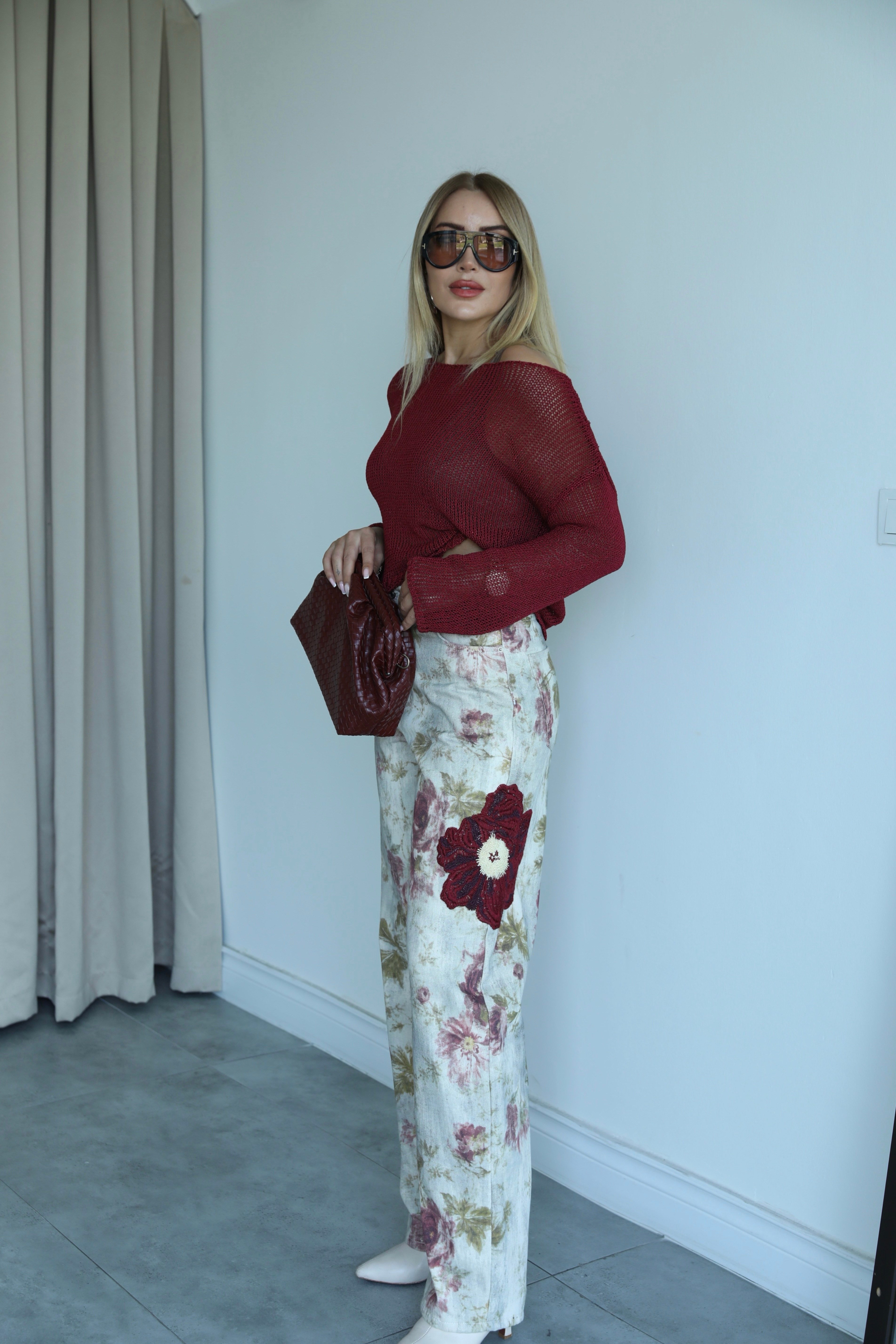 Krem Bordo Nakış Detay Tensel Pantolon 