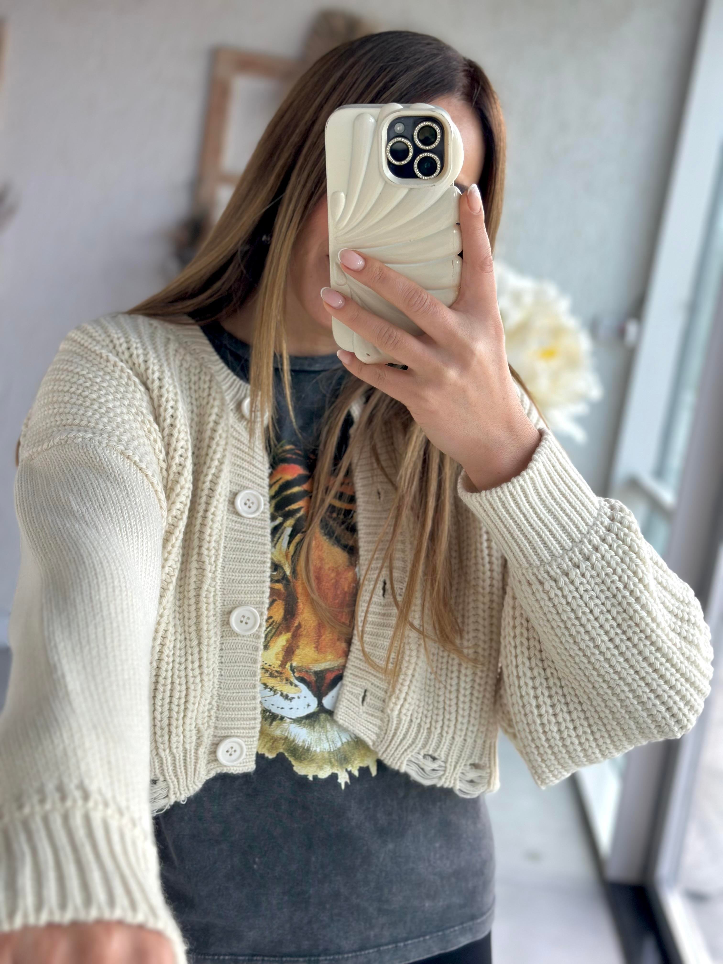 Krem Crop Hırka
