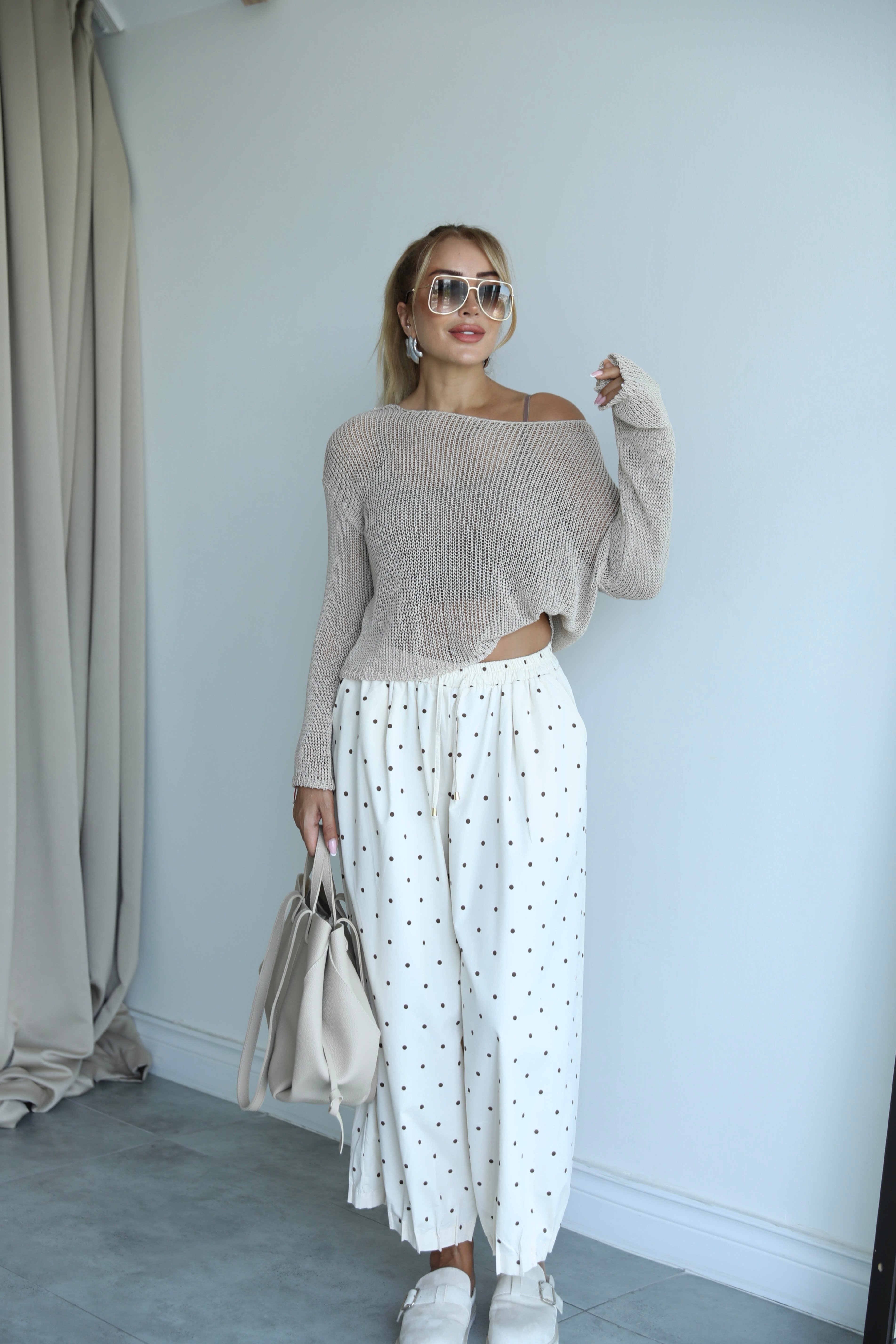 Krem Kahve Puantiyeli Poplin Baggy Pantolon 