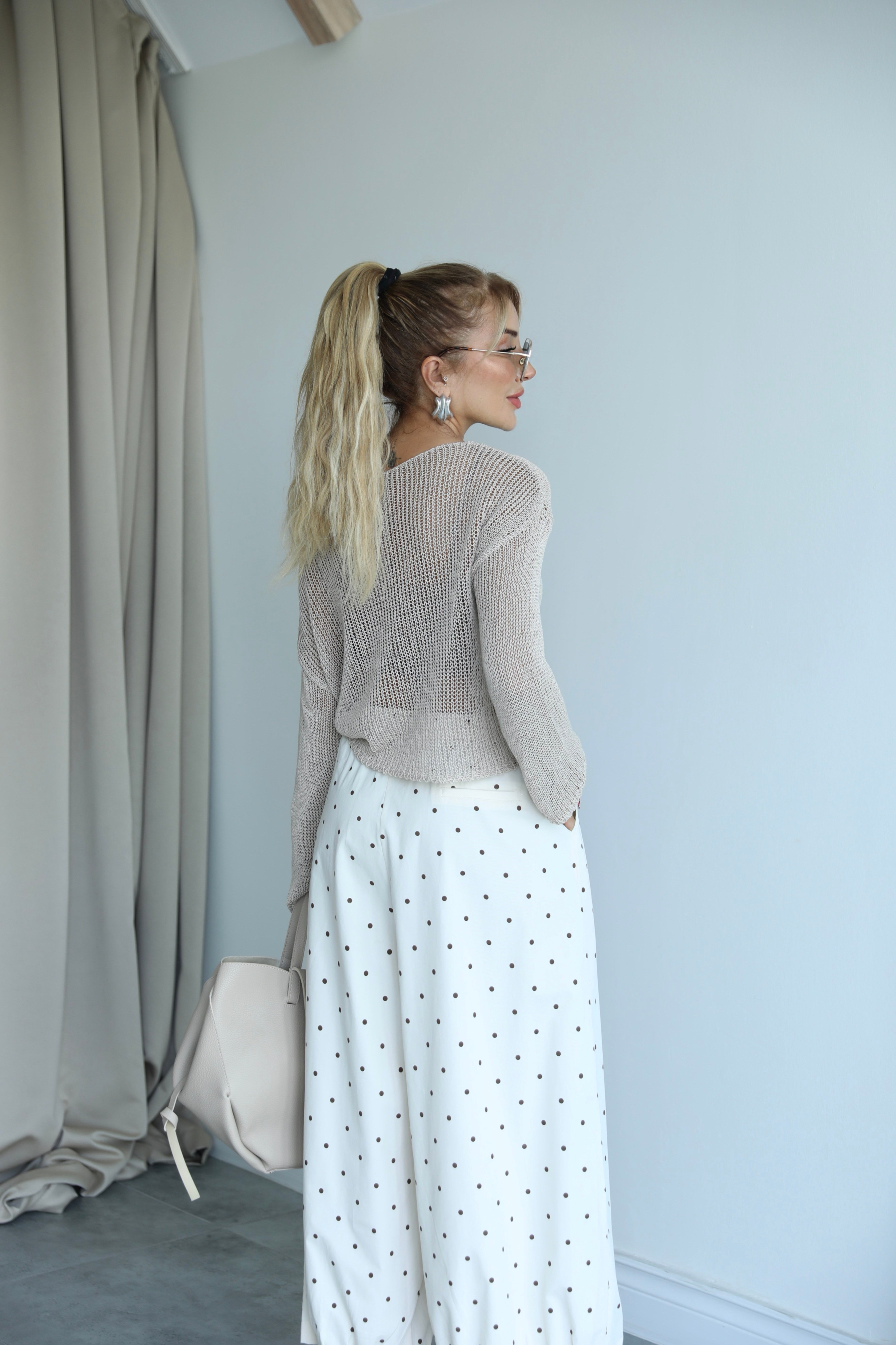 Krem Kahve Puantiyeli Poplin Baggy Pantolon 