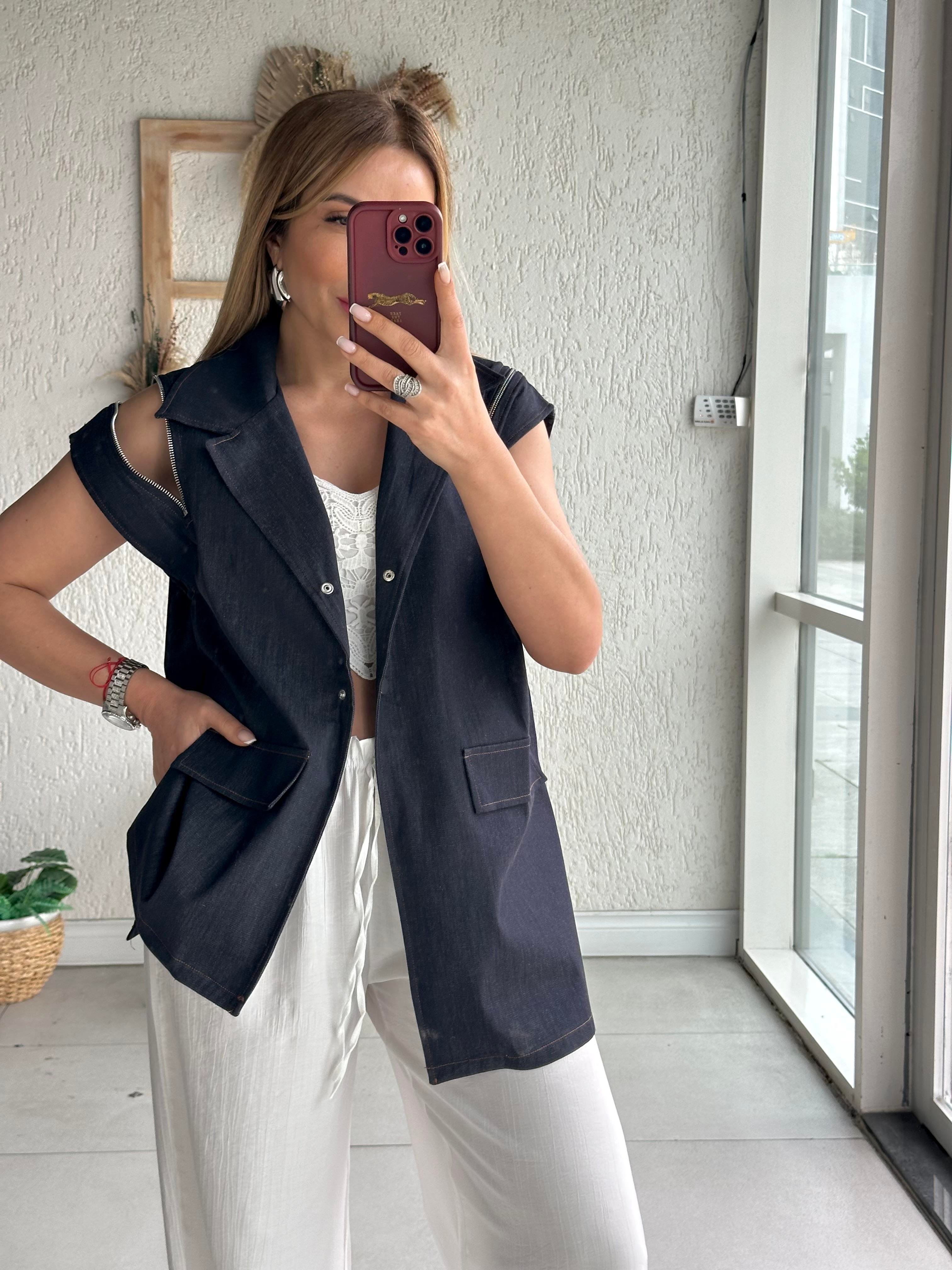 Lacivert Asimetrik Jean Yelek