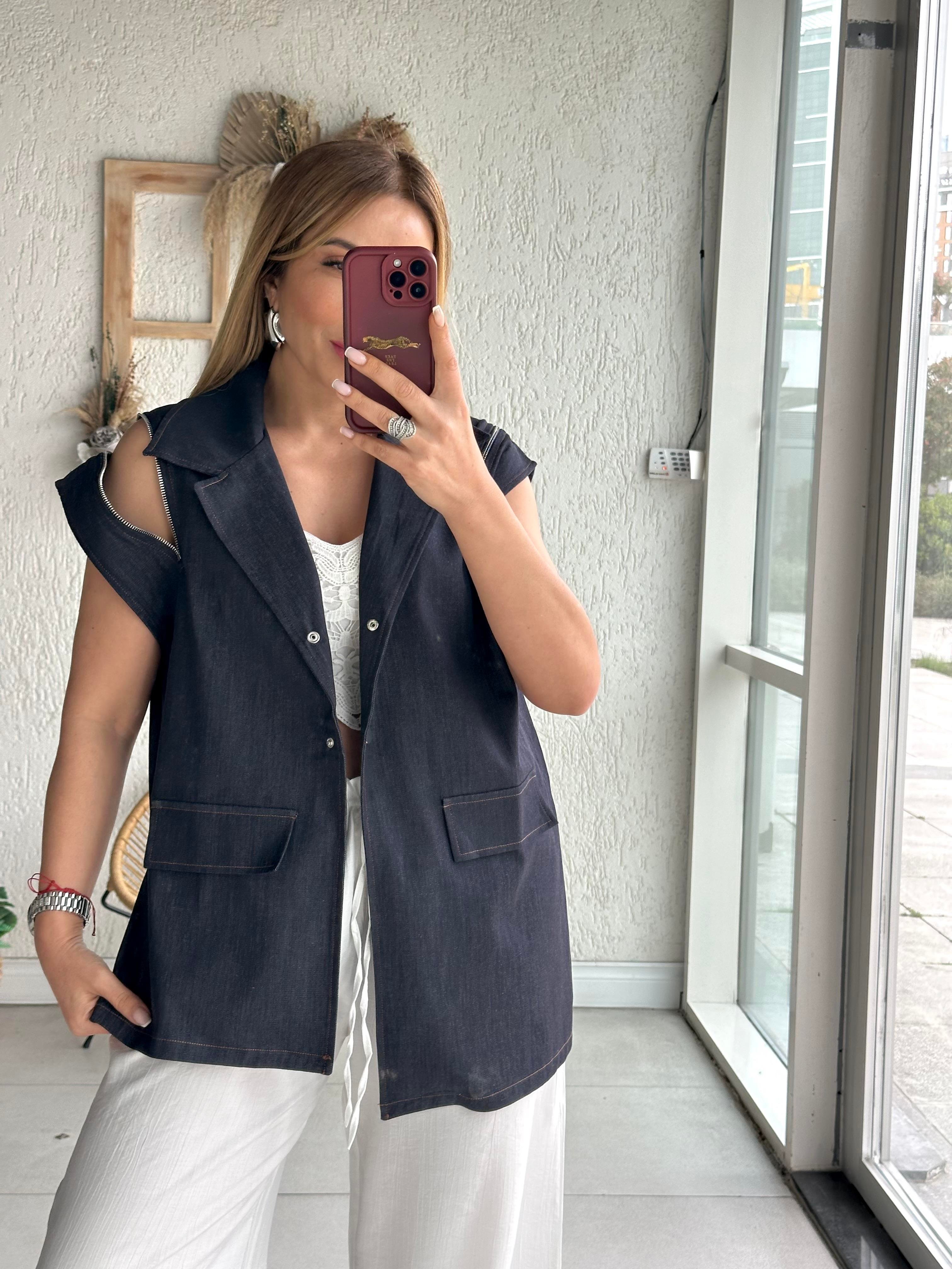 Lacivert Asimetrik Jean Yelek