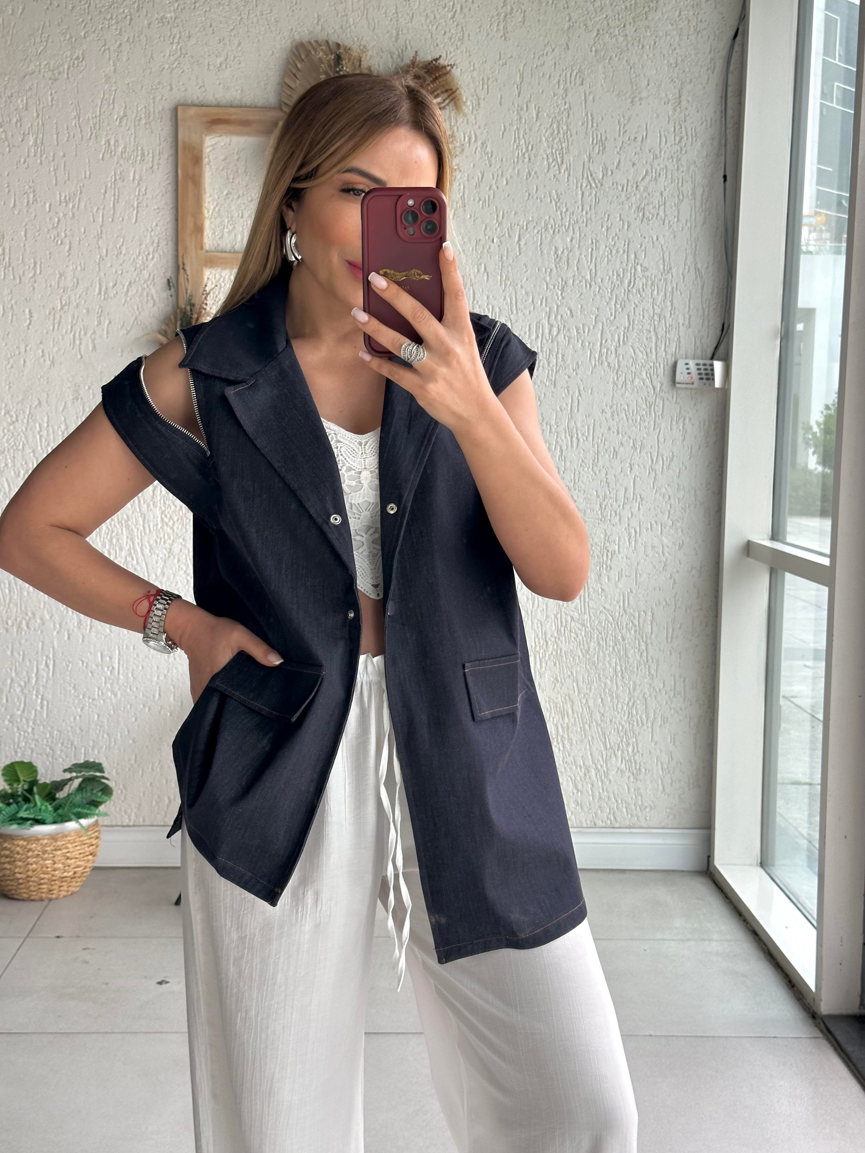 Lacivert Asimetrik Jean Yelek