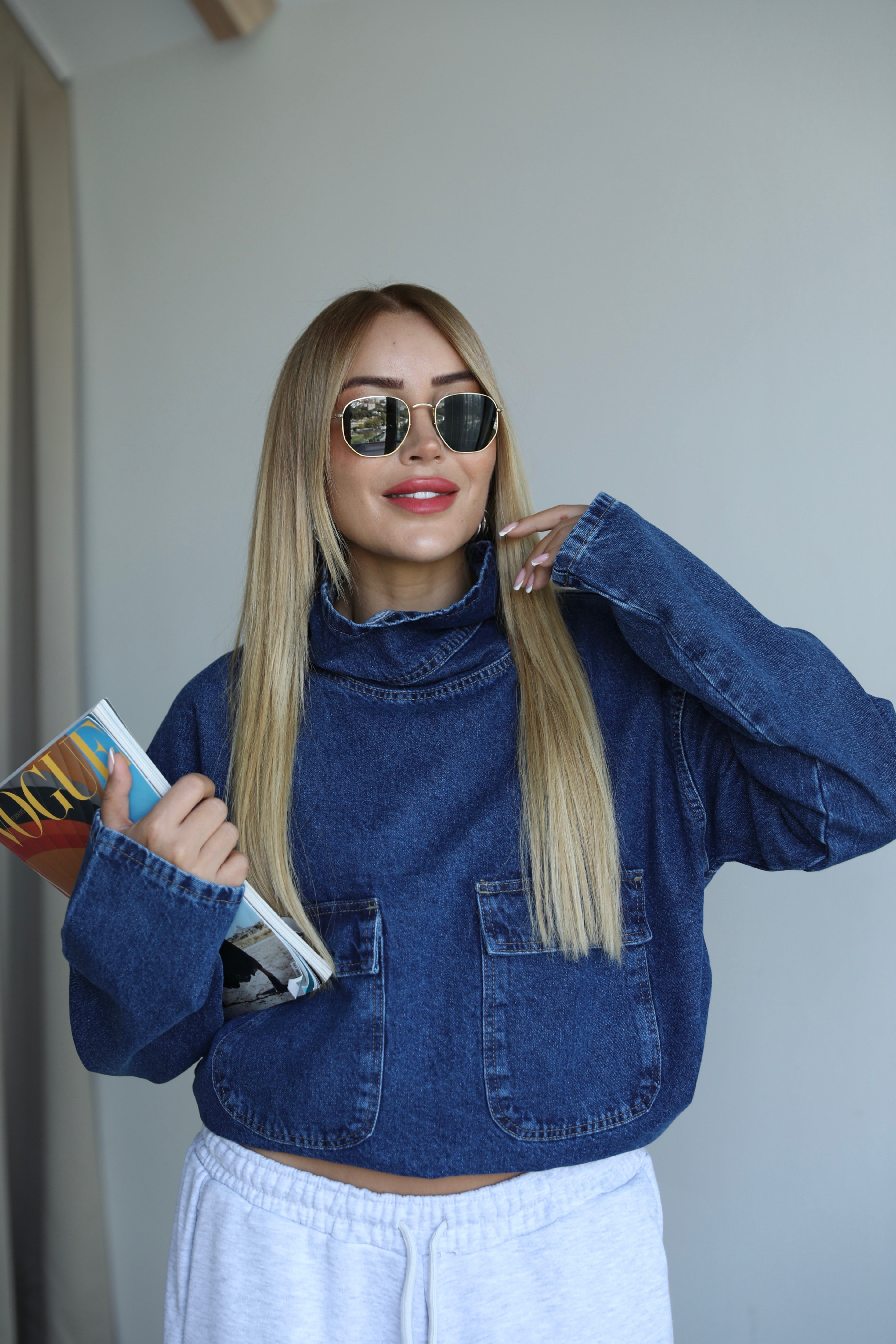 Lacivert Balıkçı Denim Cepli Sweat