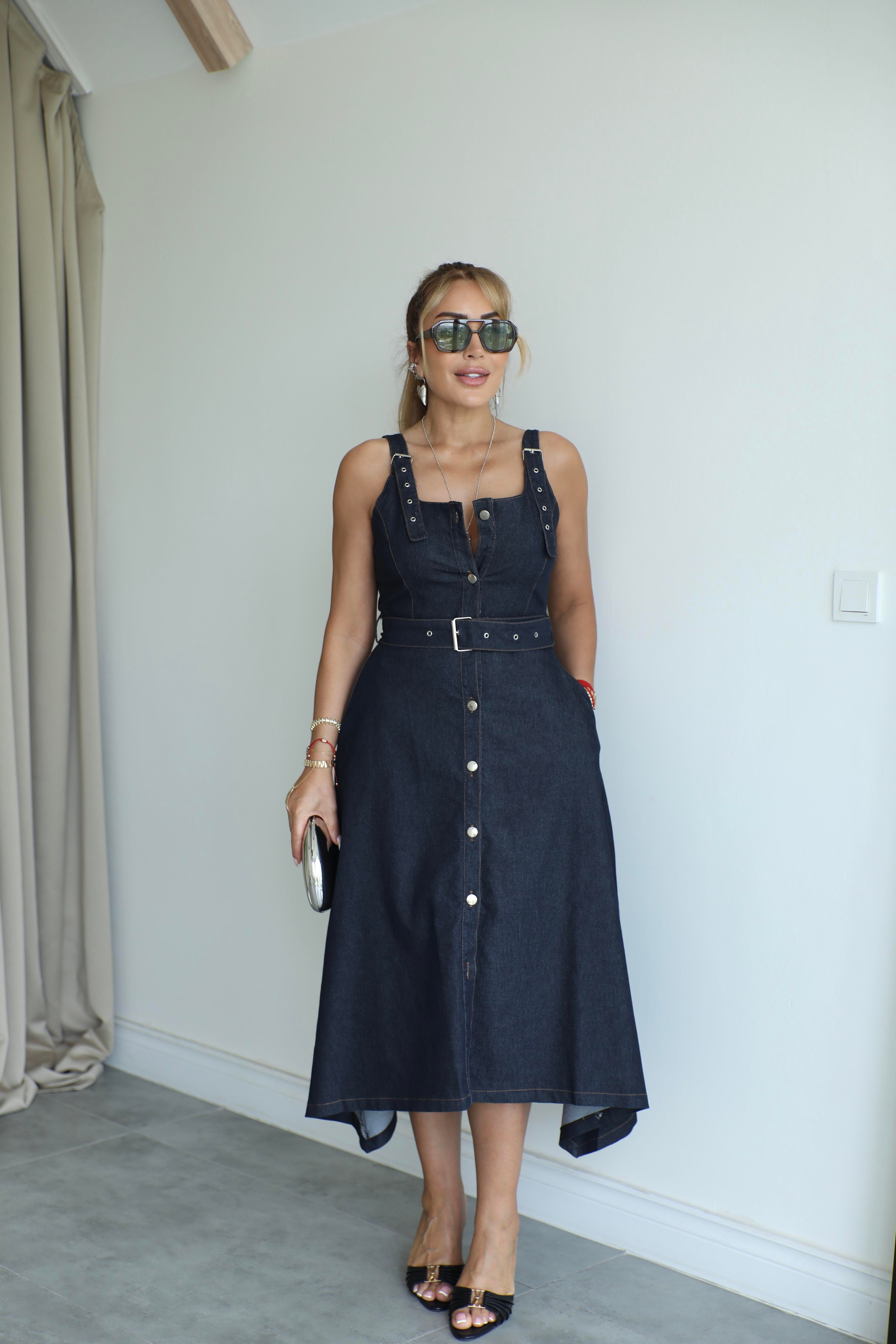 Lacivert Denim Asimetrik Elbise 