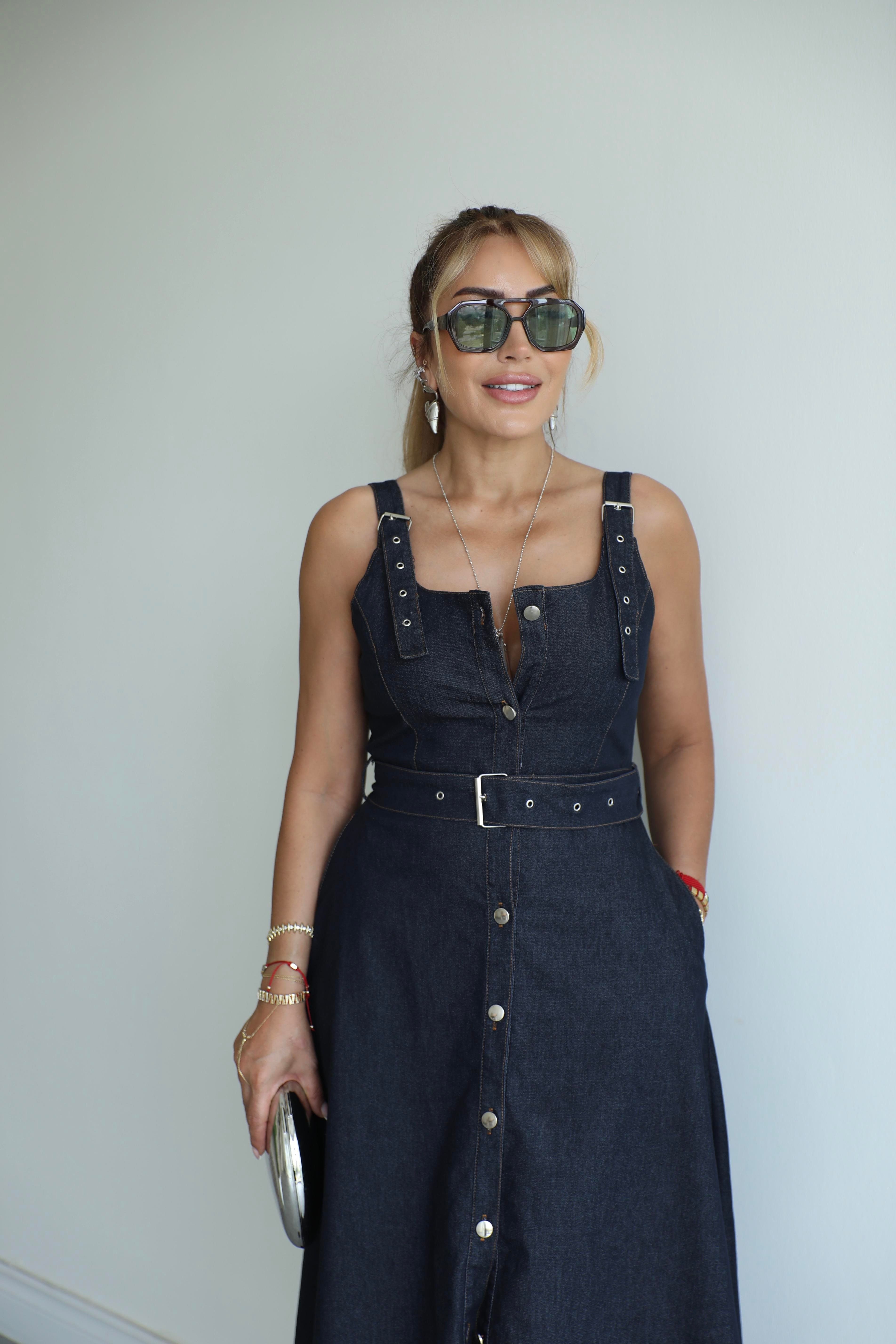 Lacivert Denim Asimetrik Elbise 