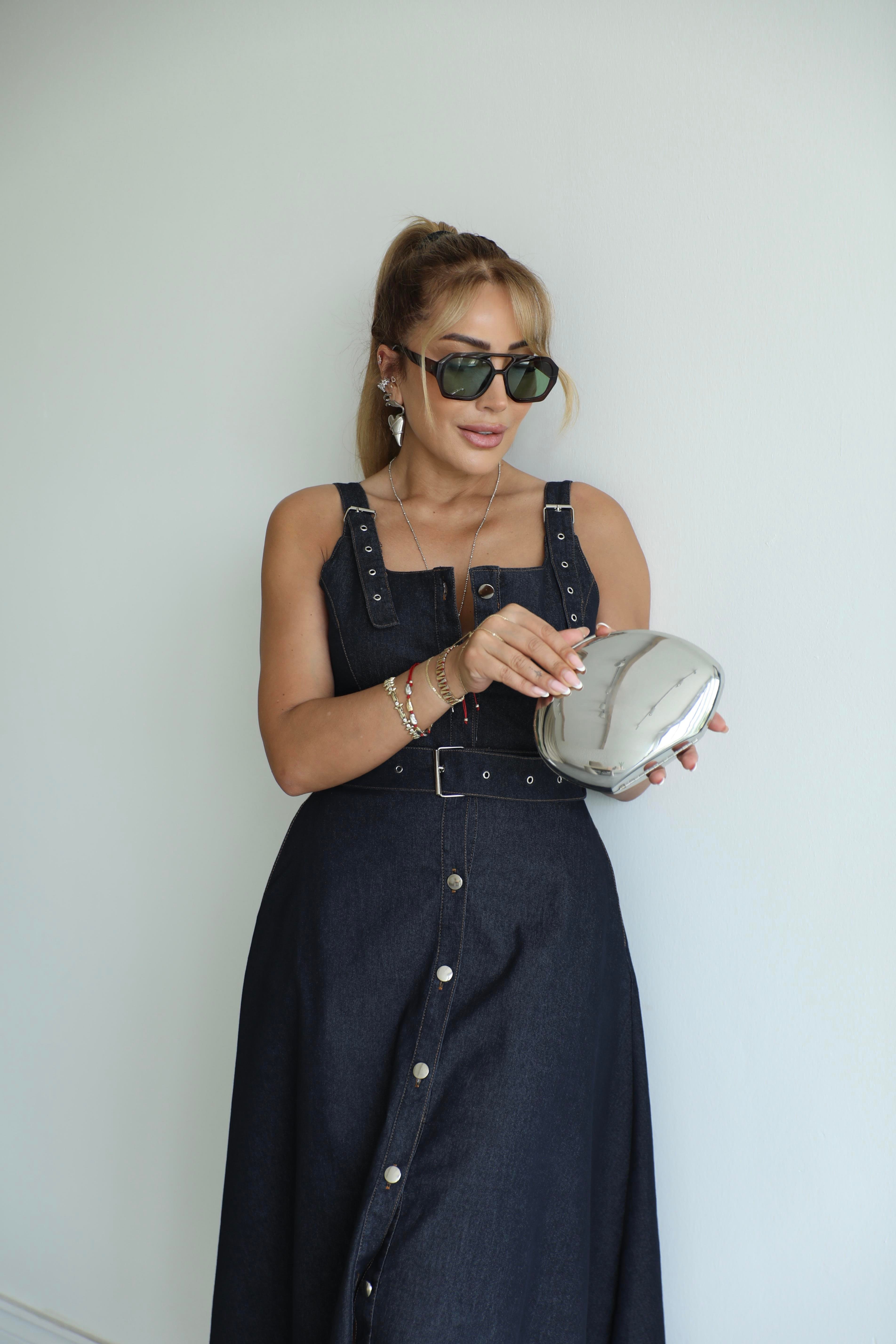 Lacivert Denim Asimetrik Elbise 