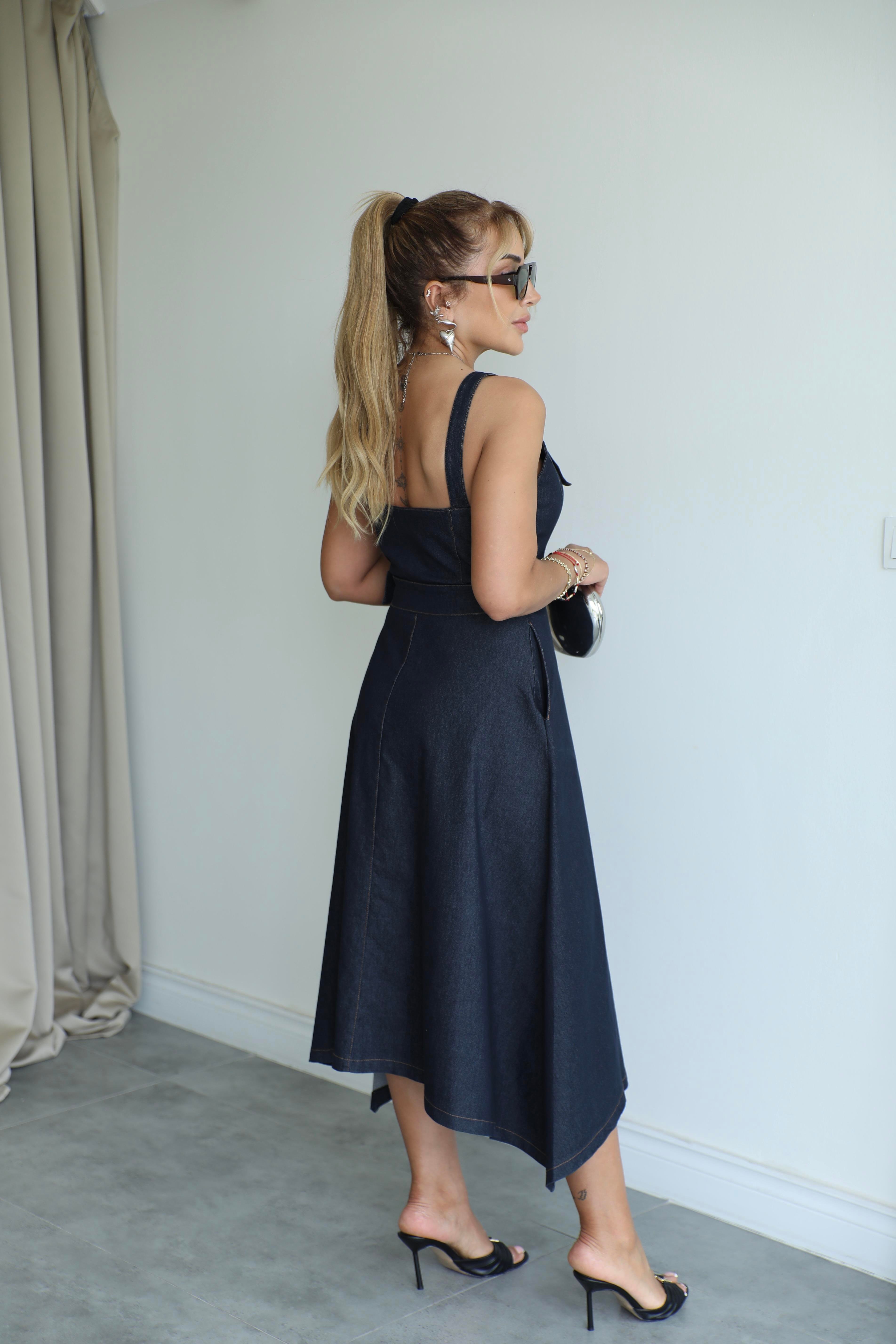 Lacivert Denim Asimetrik Elbise 